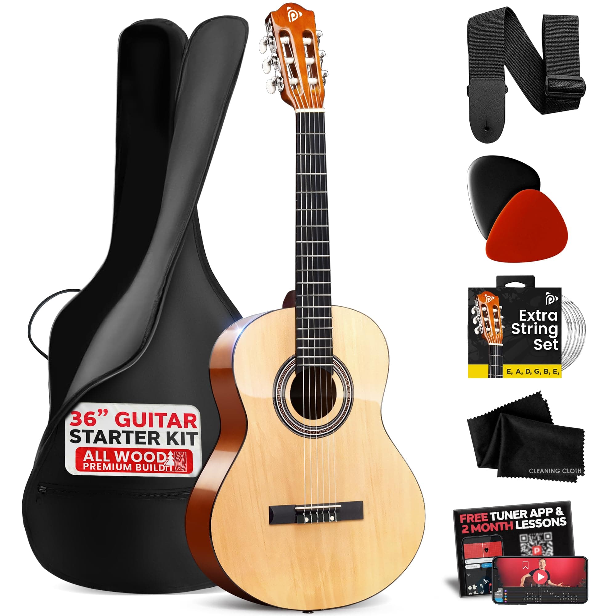 Beginner Acoustic Guitar Kit, 3/4 Junior Size All Wood Instrument with Full Accessory Kit, Picks, Shoulder Strap, Carry Case, Cleaning Cloth, Tuner App, 2 Month Lessons, 36” (Ash Gloss)