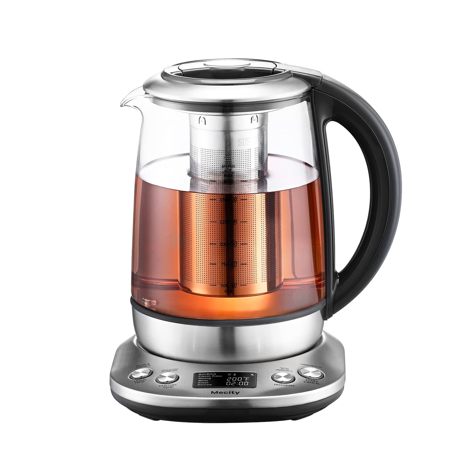 Electric Tea Kettle Borosilicate Glass Tea Maker With Temperature Control and Infuser - LCD Display and Preset Brewing Programs - 1.7 Liter Water Boiler