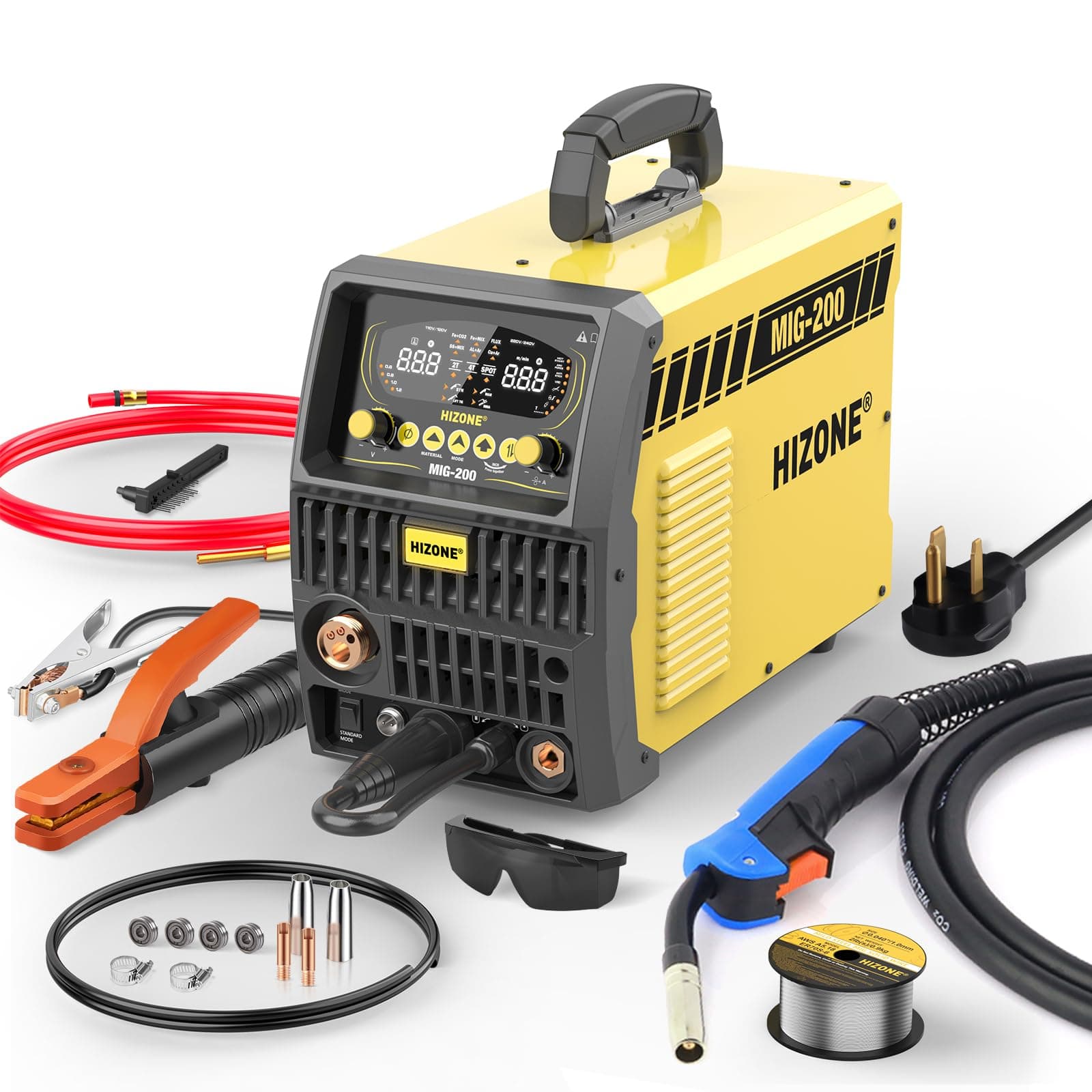 HIZONE 200A MIG Welder Machine, 8-in-1 Multi-Process Welder Aluminum/Copper Welding/Gas MIG/Gasless Flux Core MIG/Stick/Lift TIG/Spot Welding/Spool Gun Compatible, Large LED Display, 120V/240V
