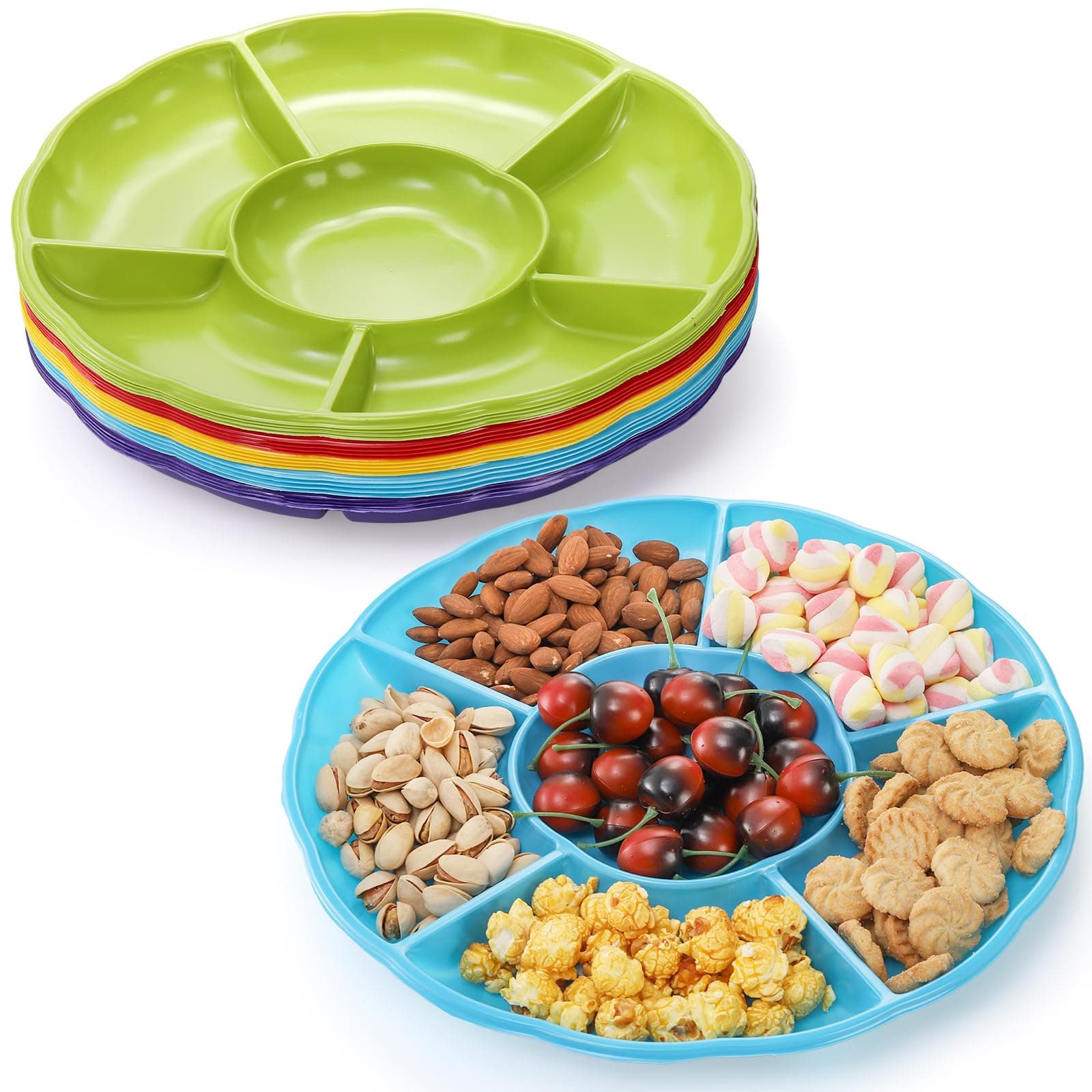 Frcctre 20 Pack Plastic Snack Serving Platter, 12 Inch 6 Sectional Round Appetizer Divided Food Tray Nut Candy Veggie Dried Fruit Dish