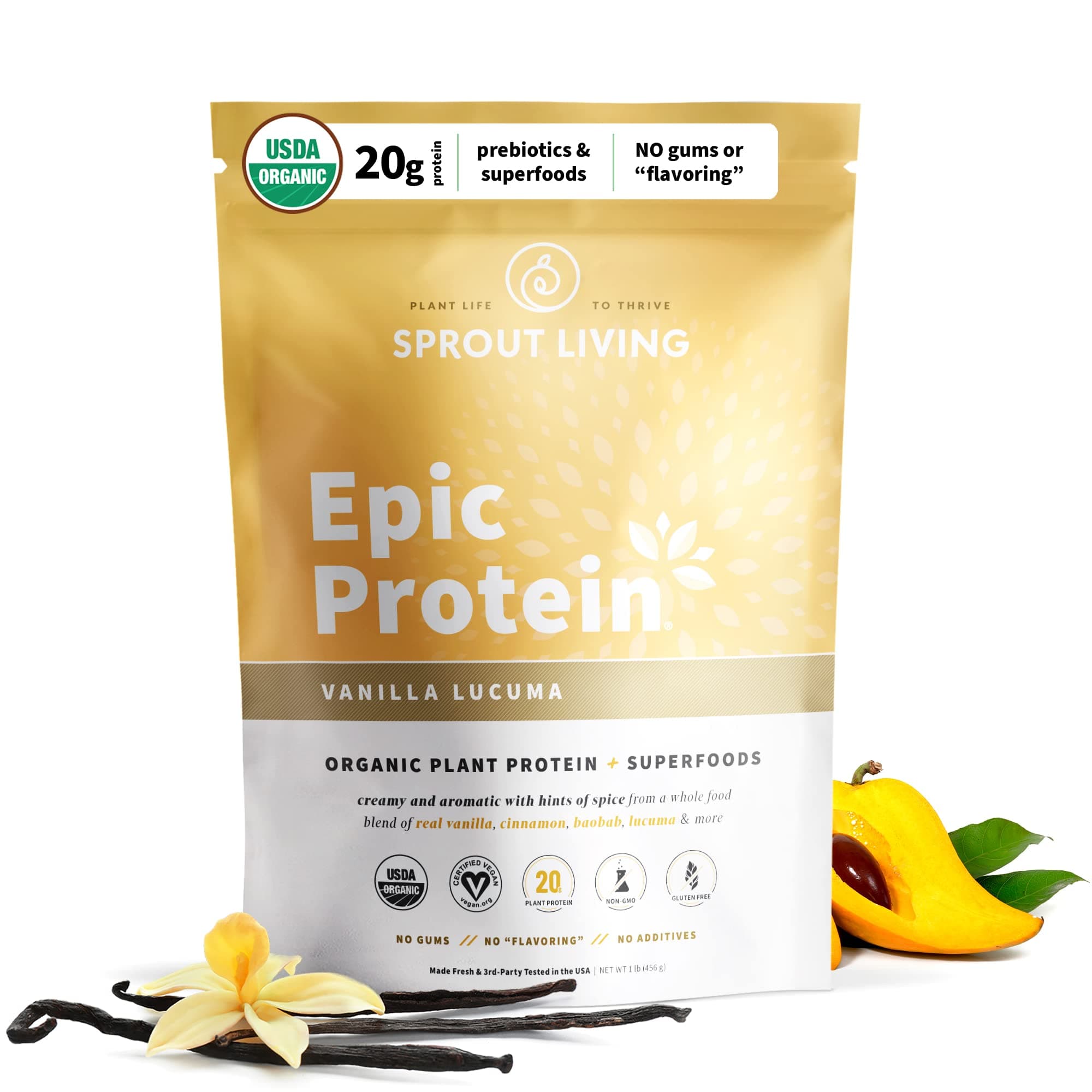 Epic Protein, Plant Based Protein & Superfoods Powder, Vanilla Lucuma Powder | 20 Grams Organic Protein Powder, Vegan, Non Dairy, Non-GMO, Gluten Free, Low Sugar (1 Pound, 12 Servings)