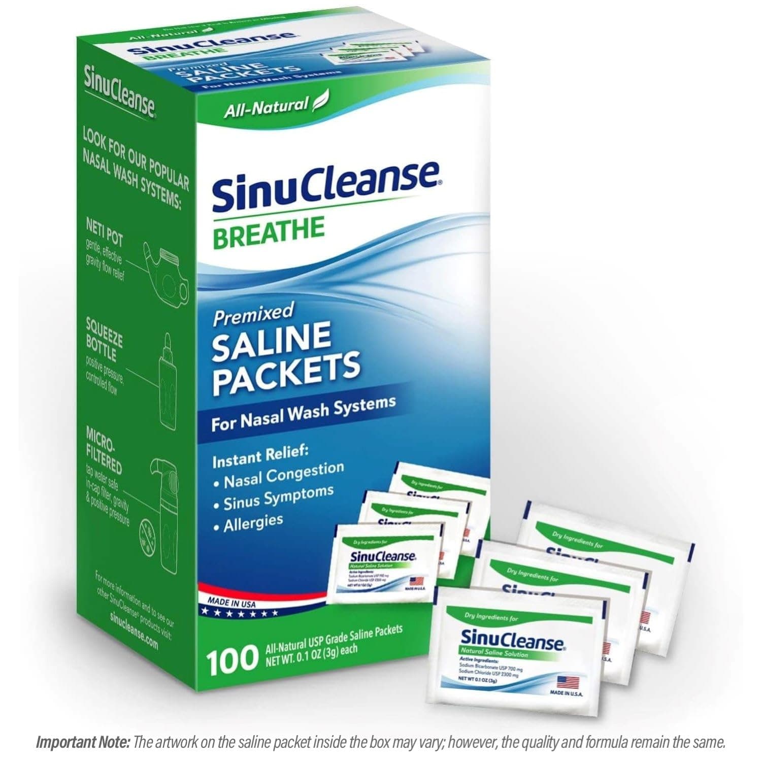 SinuCleanse Pre-Mixed Saline Packets for Nasal Wash Irrigation Systems, 100 Count-All-Natural, Pharmaceutical Grade, and PH Balanced