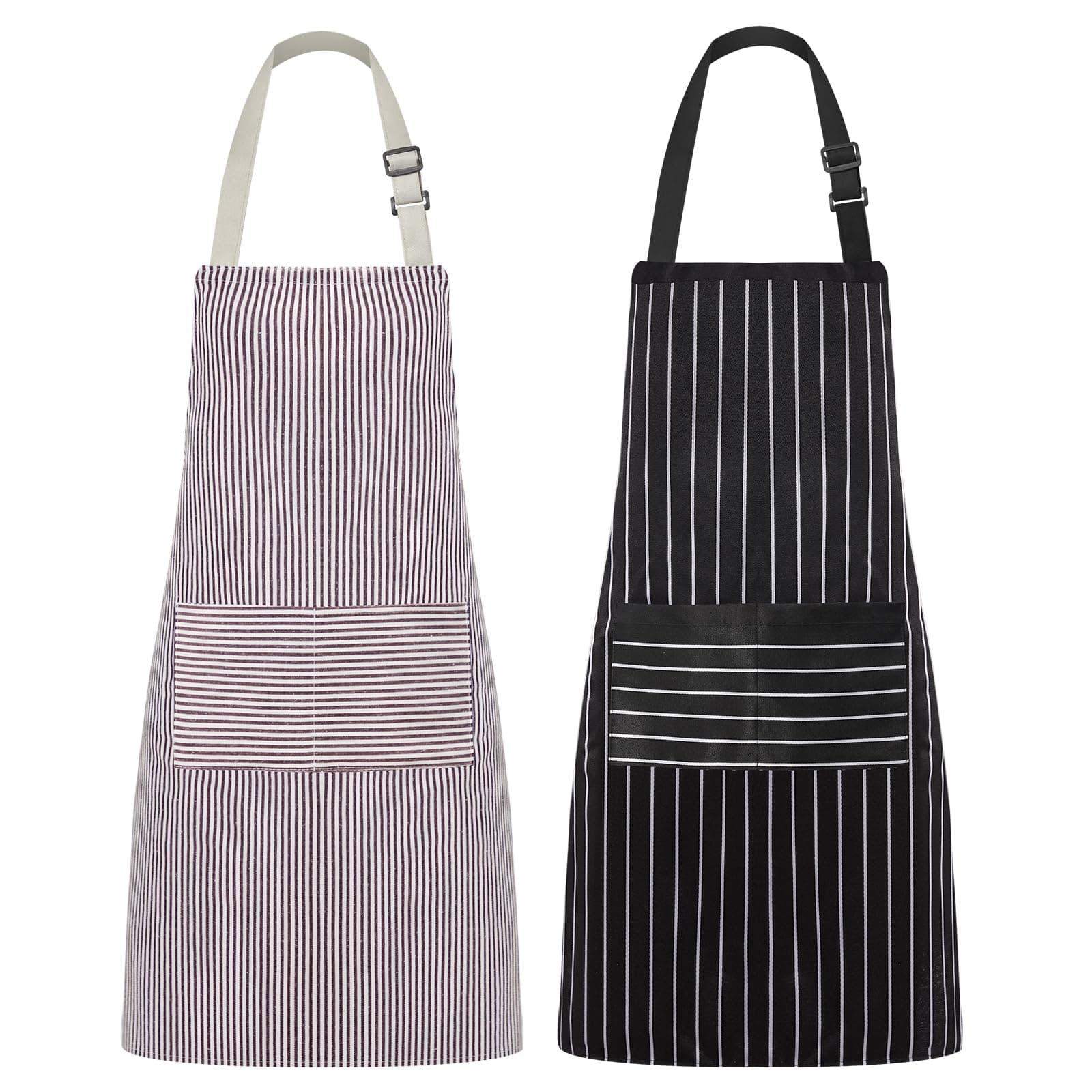 Syntus 2 Pack Adjustable Bib Apron with 3 Pockets Cooking Kitchen Aprons for Women Men Chef, Pinstripe