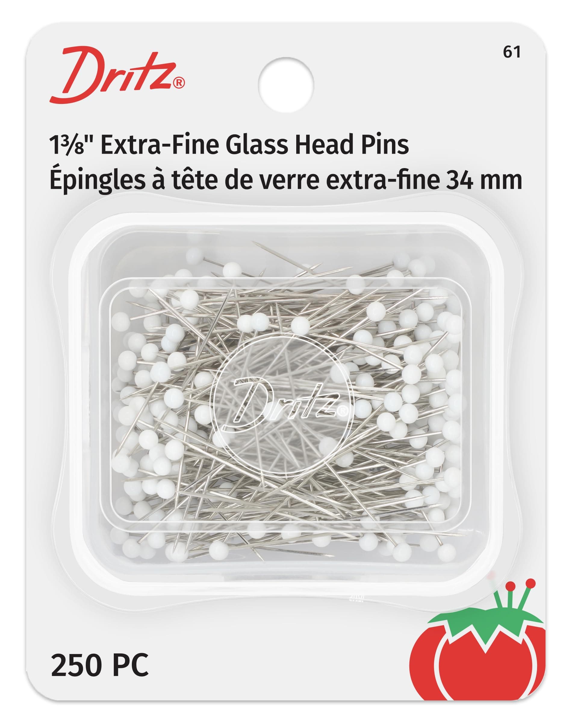 Dritz 61 Glass Head Pins, Extra Fine, 1-3/8-Inch (250-Count) , White