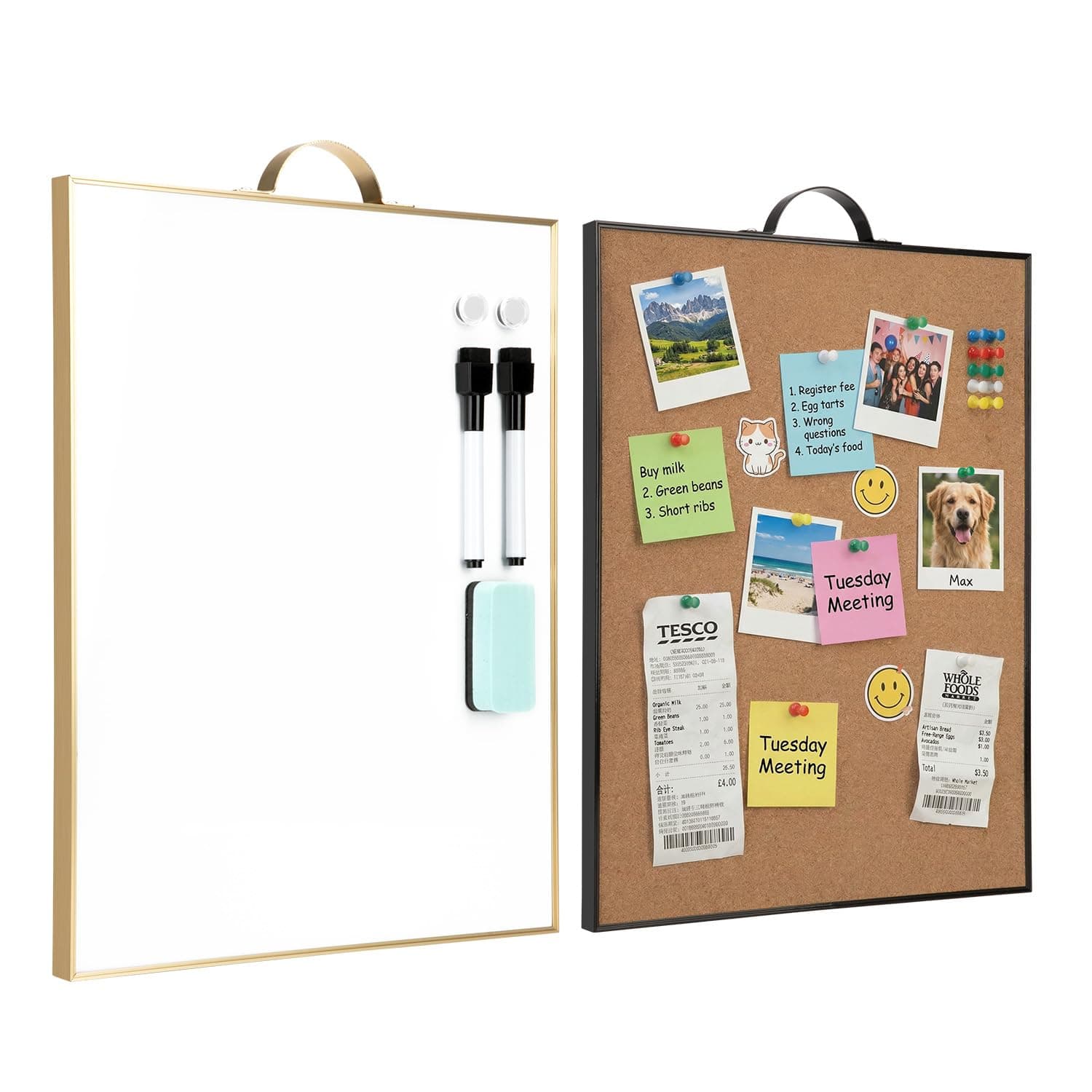 Small Cork Board Whiteboard Combination - 24" x 16" Total for White Board and Corkboard, Portable Aluminum Frame Magnetic Dry Erse Bulletin Board with Handle for School, Office, Home