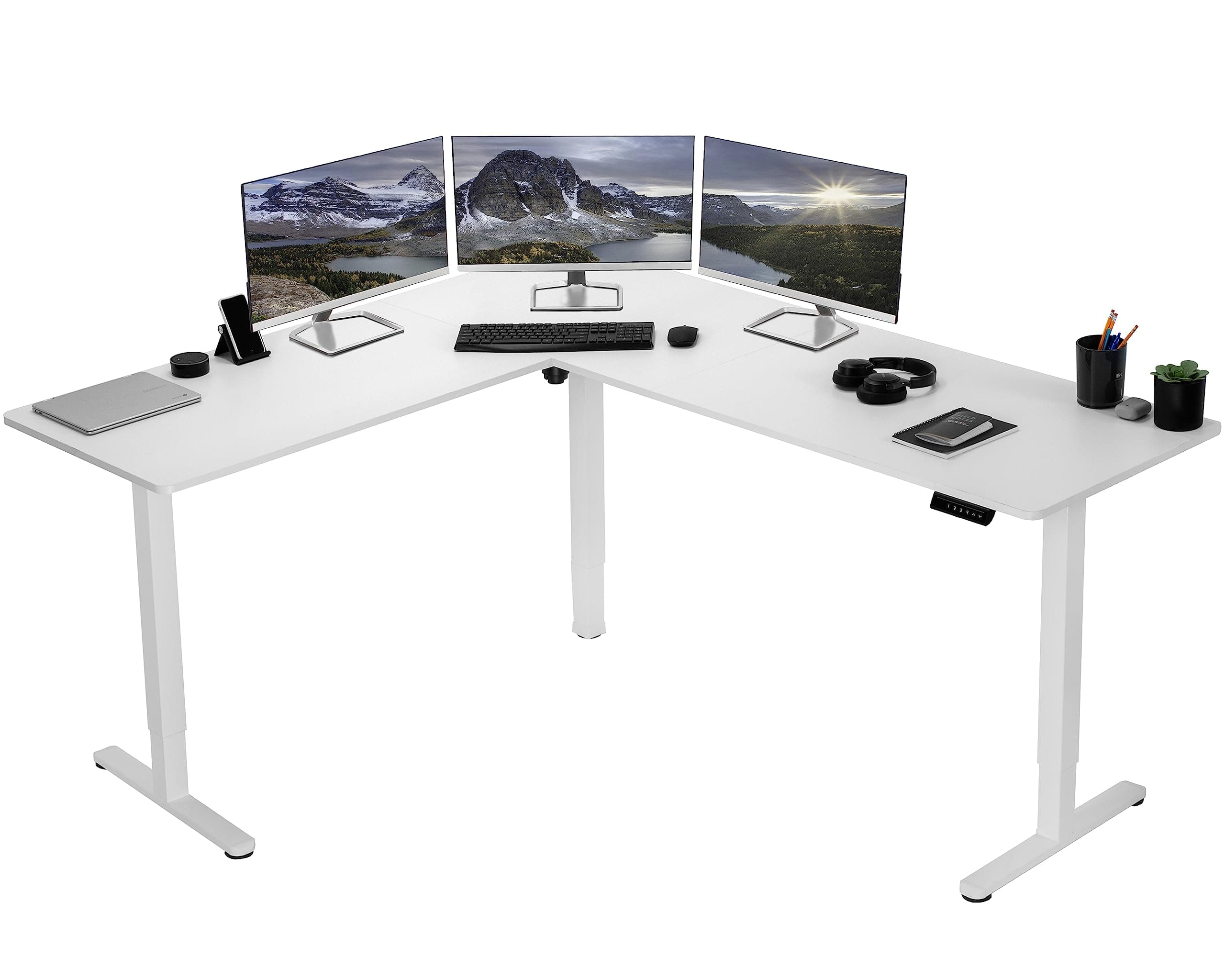 VIVOElectric Corner L-Shaped 75 x 63 in Rustic Standing Desk, Memory Height Adjustment, White Top White Frame, DESK-E3CTW-75