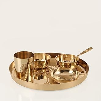 6-Piece Kansa Solid Dinner Set|Matte Finish|1 Plate (11.5" Thali),2 Bowls,1 Glass,1 Sweet Dish Plate,1 Spoon | Bronze Kansa Dinner Set 6 (Life of Tree Polish)
