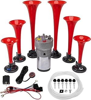 Musical Horn 6 Trumpet Music Sound Air Horn with Compressor Play Godfather Melody Red 12V 150db for Train Truck Car Boat RV UTV Motorcycle (Godfather Kit)
