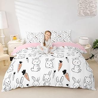 Kawaii Bedding Set, for Kids Girls Cute Cartoon Rabbit Bedding Set, Sketch Carrot Duvet Cover, Kawaii Room Decor, Pink Soft Reversible Comforter Cover Set, Lovely Animal Bedding Comforter, Twin Size