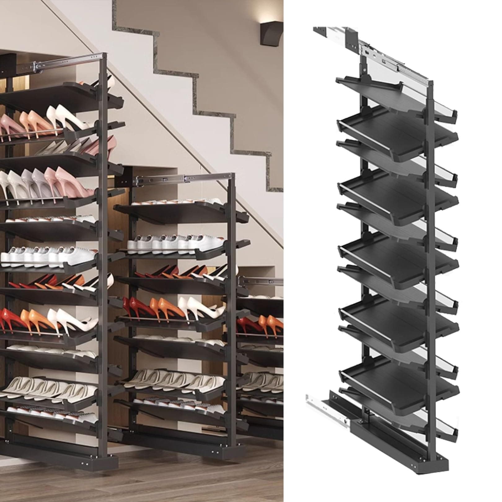 Pull-Out Shoe Rack Organizer for Closet Shoe Cabinet,Adjustable Height Retractable Metal Stackable Shoe Rack, Vertical Shelf Organizer for Small Bedroom Closet, Space Saving Storage, Black(43cm,11 Tie