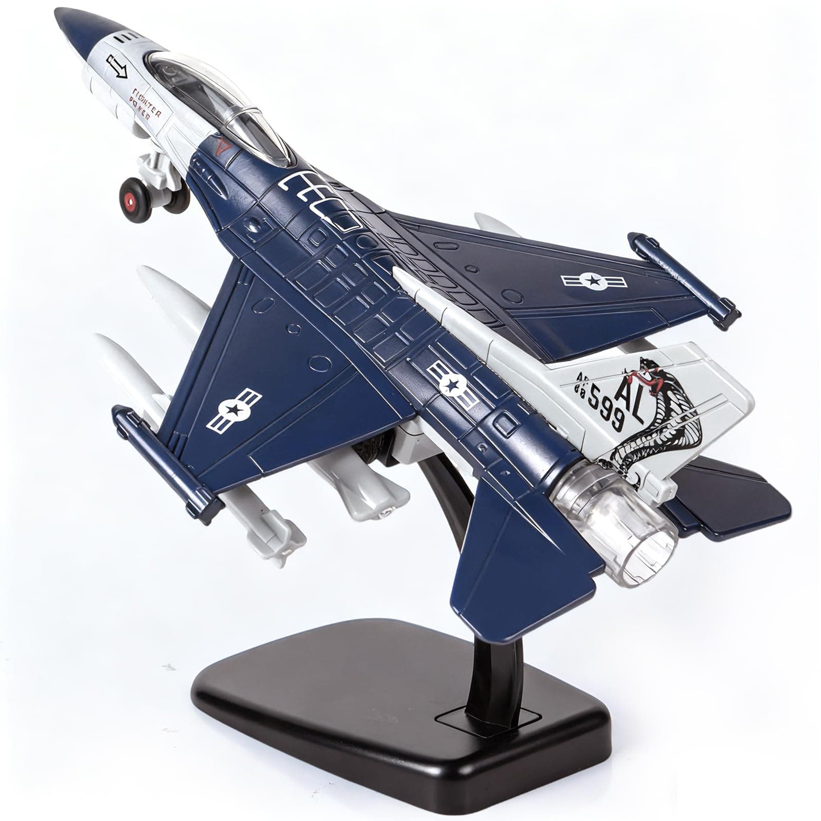 Fighter Jet, Diecast Metal Pull Back Airplane Toy with Flashing Lights and Sounds, Military Plane Model for 3-12 Years Old Boys Birthday Easter Gifts (Holder Included)