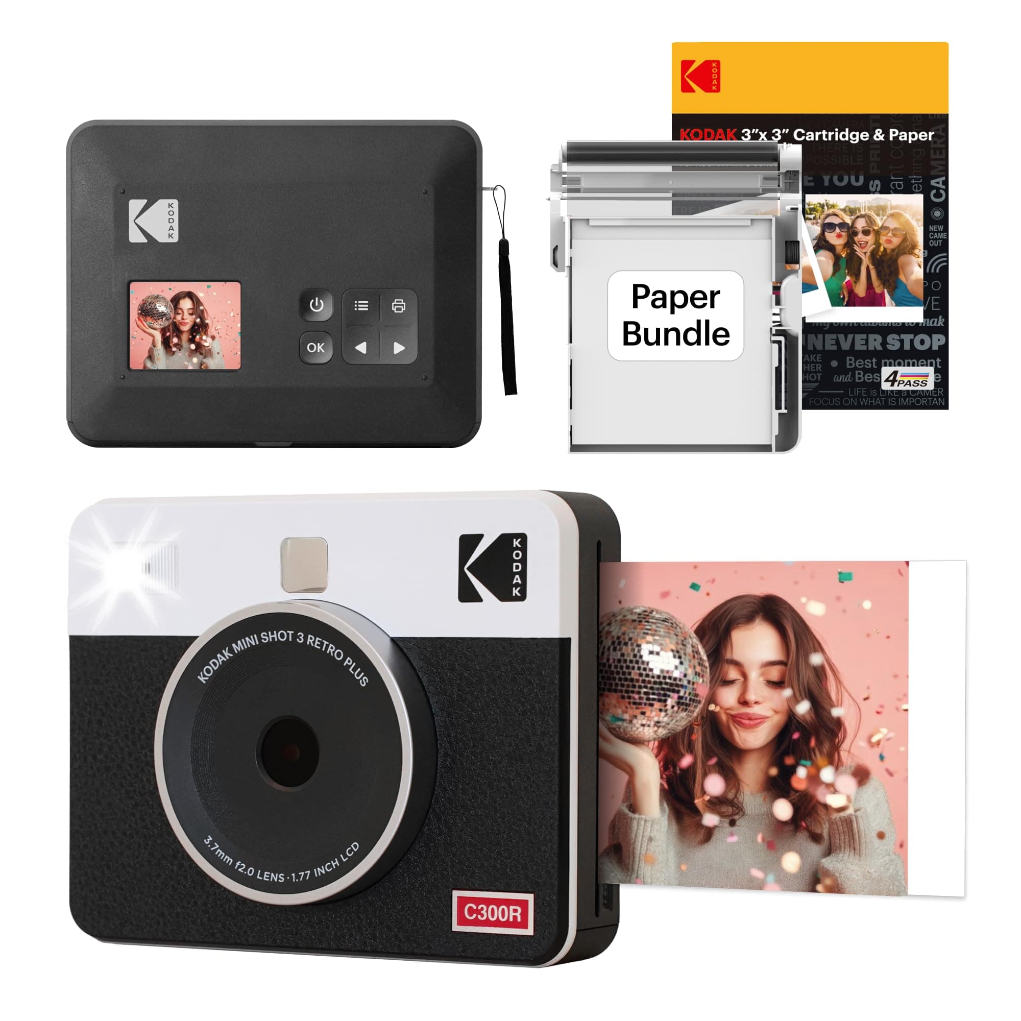 Mini Shot 3 Retro 4PASS 2-in-1 Instant Camera and Photo Printer (3x3 inches) + 68 Sheets Bundle, White