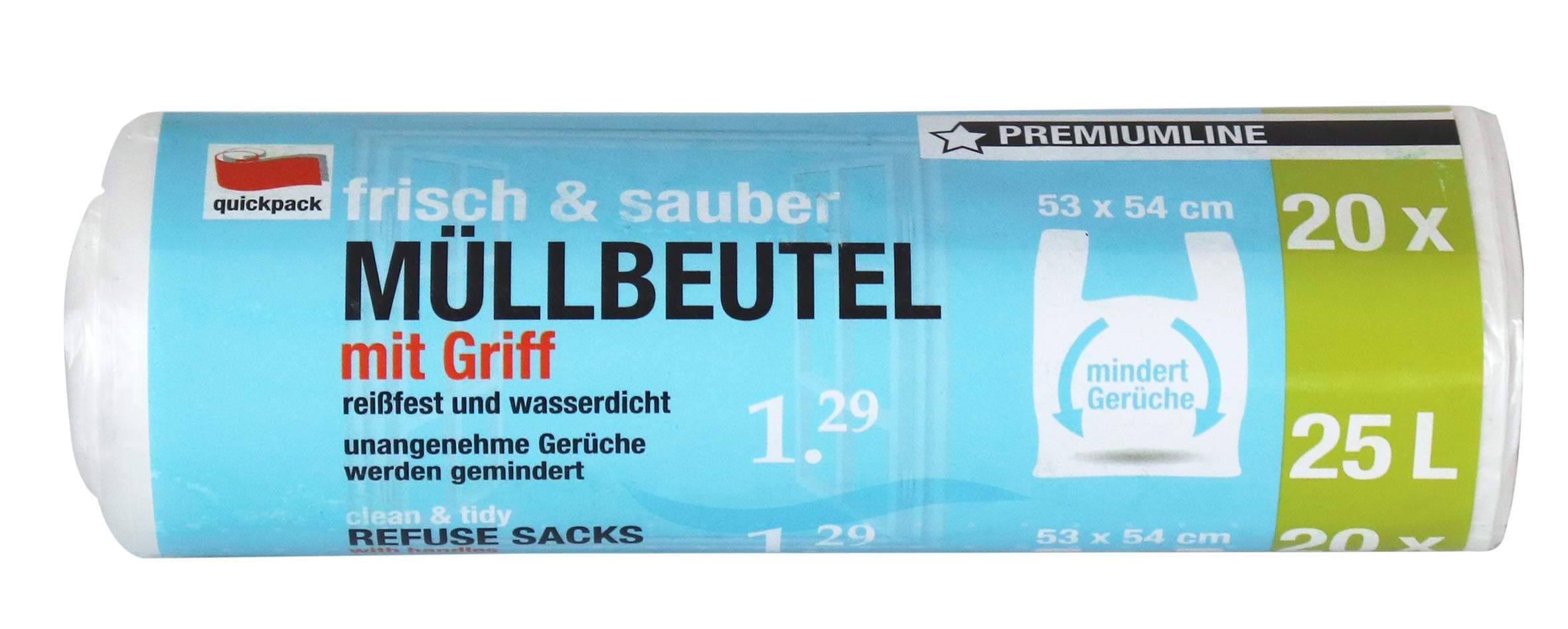 Unbekannt Quickpack Bin Liners 25 L with Handle 852502 Organic Bin Liners, HDPE Polyethylene, White, 53 x 54, 20 Pieces/Roll