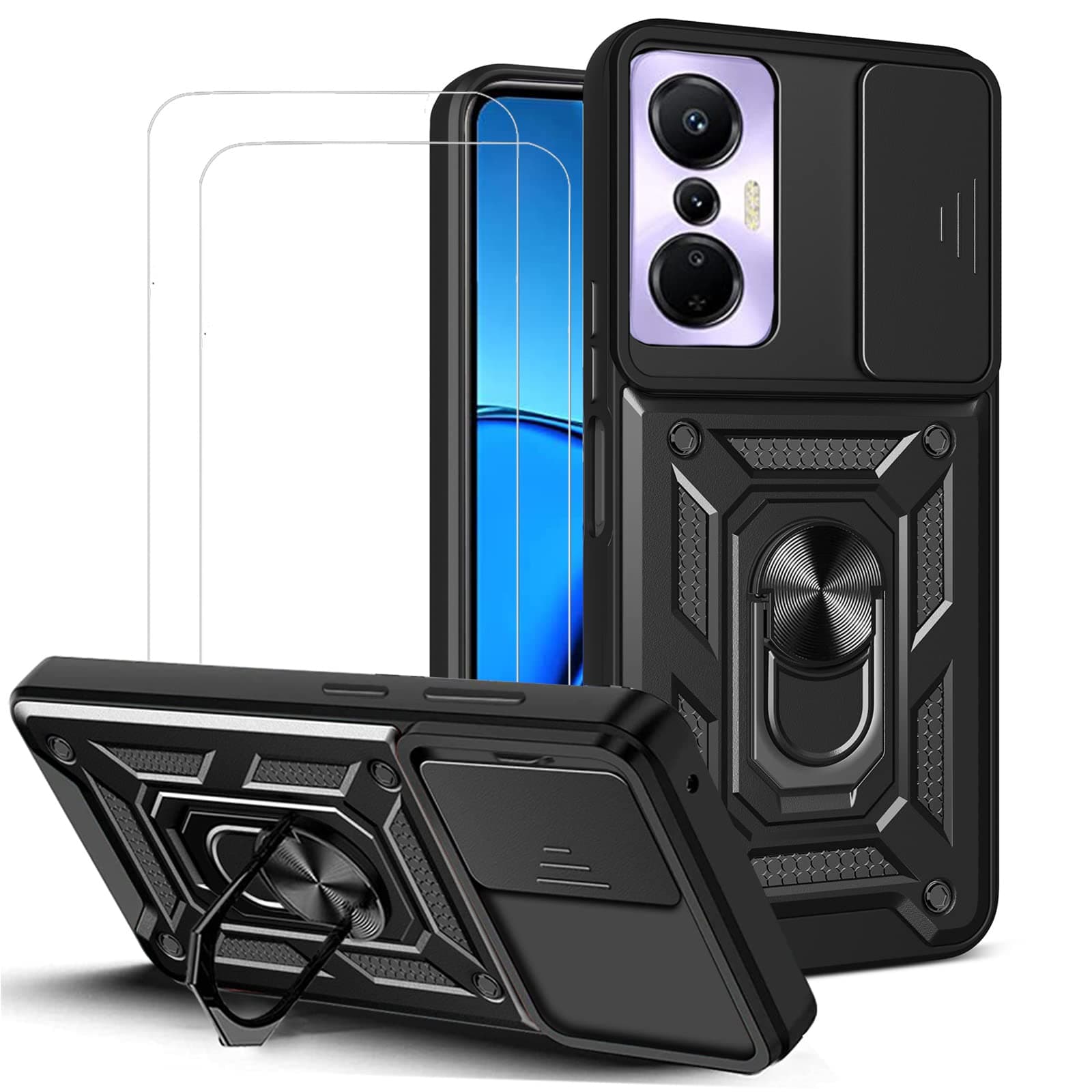 for Infinix Hot 20S Case with Camera Cover and Stand Kickstand Ring with Tempered Glass Screen Protector [2 pieces],Military Grade Shockproof Protective Cover, Black
