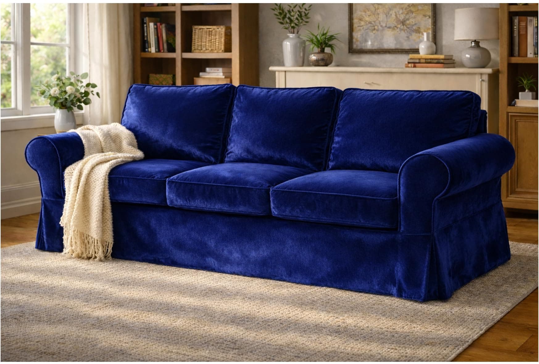 Velvet Pets Friendly Sofa Covers Custom Made Compatible for IKEA Ektorp Three Seat Sofa Slipcovers (Velvet Blue Ektorp 3)