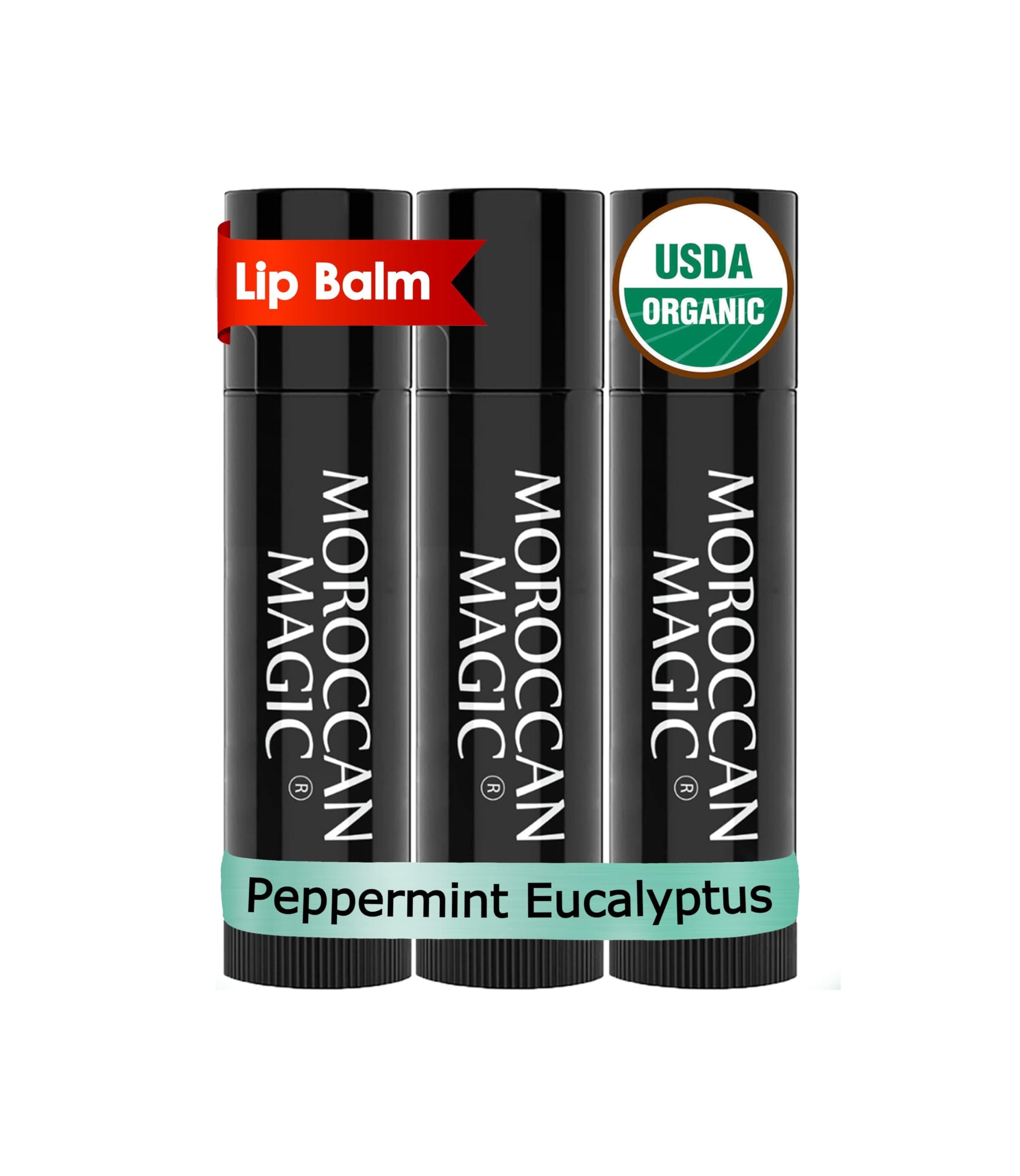 Moroccan Magic Organic Peppermint Eucalyptus Lip Balm 3 Pack | Ultra-Hydrating Argan & Essential Oil Lip Moisturizer + Vitamin E | Natural Mint Chapstick for Dry Lips | Non-Toxic | Organic Lip Balm