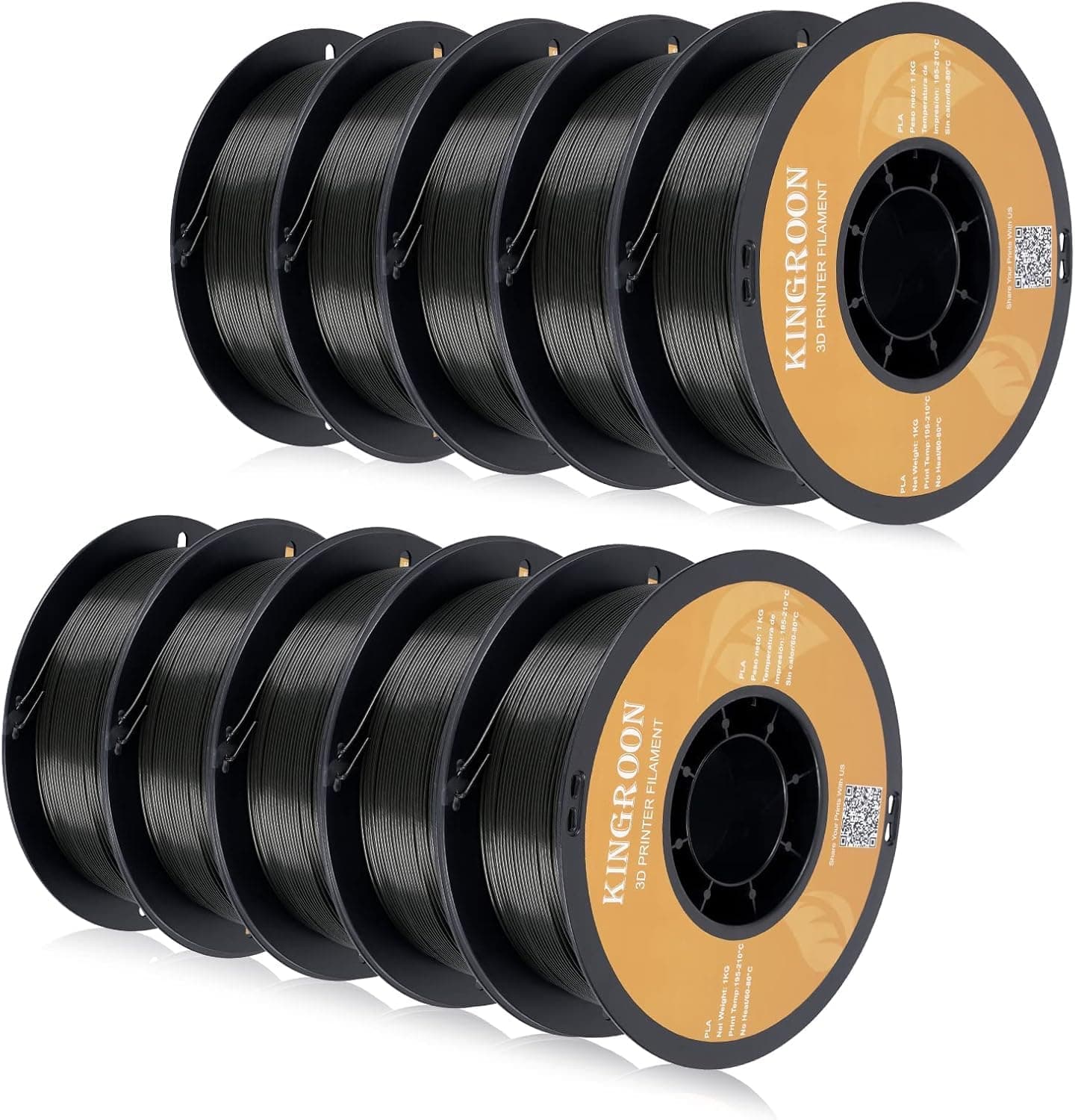 Kingroon PLA Filament Bundle 1.75mm for 3D Printer, 10KG Multicolor 3D Filament Dimensional Accuracy +/- 0.03 mm,3D Printer Filament PLA with with 10 Roll Black