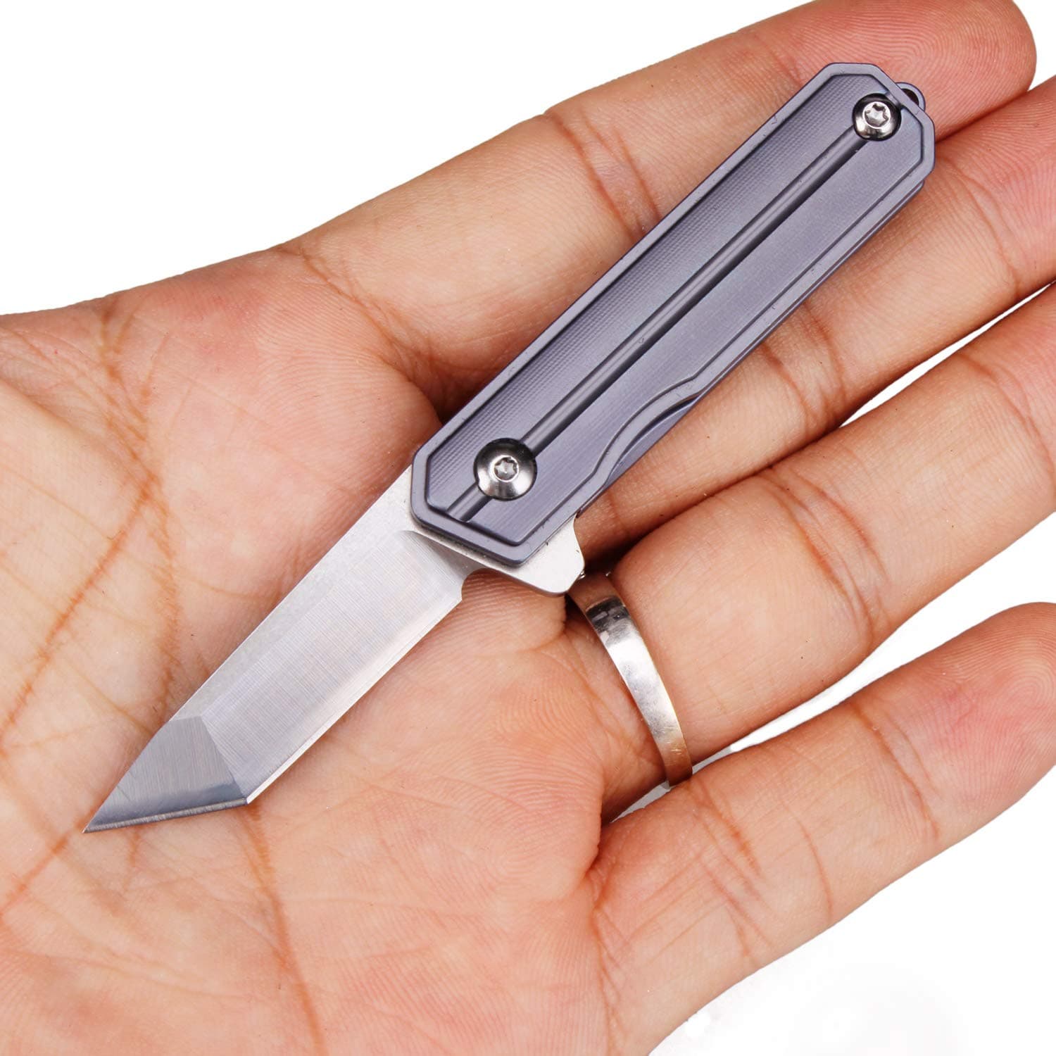 Samior HY003 Mini Samurai Keychain Pocket Folding Knife, 1.45 inches Small Flipper with D2 Tanto Blade, Blue Titanium Handle with Frame Lock Necklace Lanyard EDC Knives