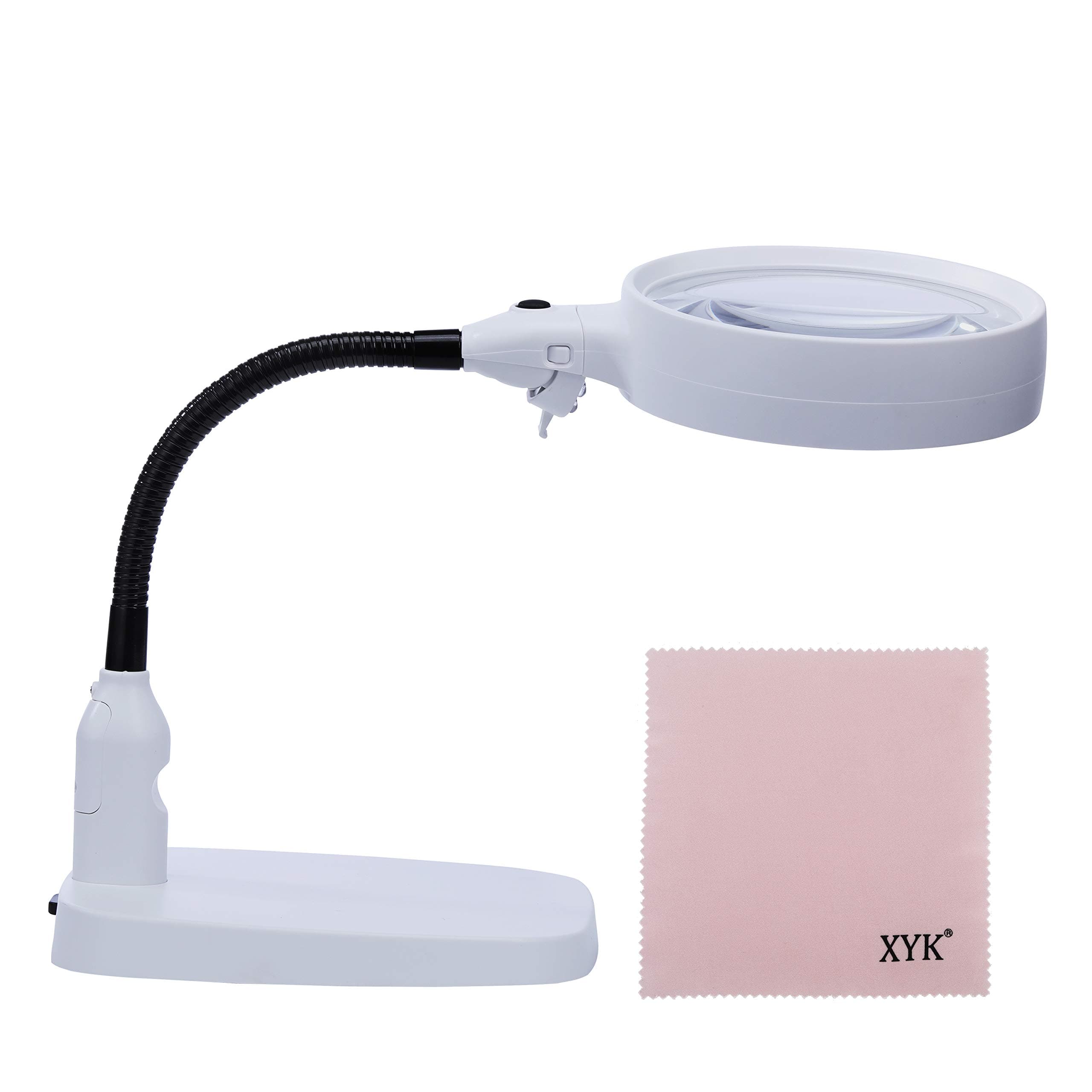 XYK Large LED Lighted Magnifier with Stand - Folding Design with 6 LED Lamp - Best 10X Hands Free Magnifying Glass with Light for Reading