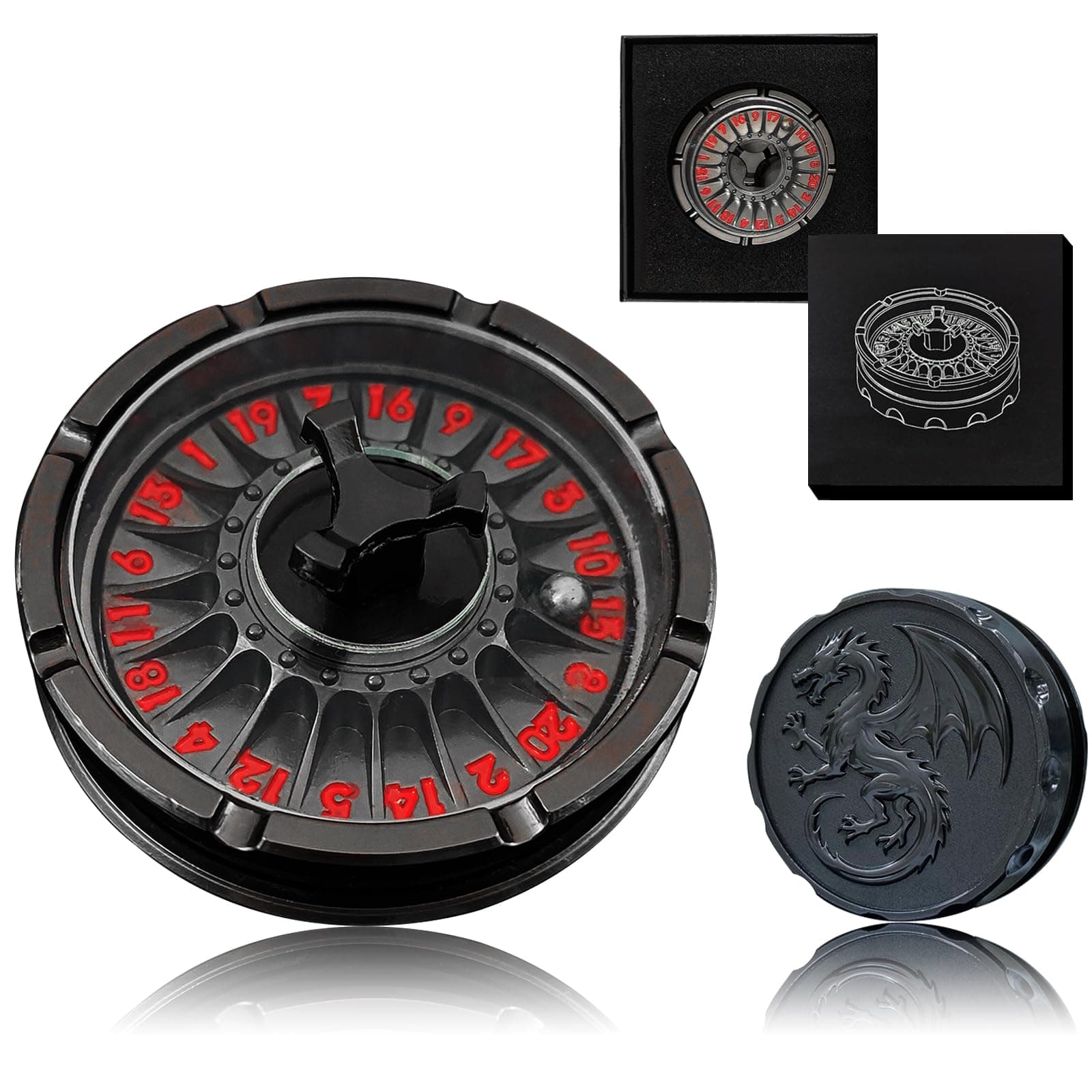 G20 Roulette Dice Spinner for DND Dice Set, D20 Dragon Metallic D&D Dice with Gift Case for DND Game, RPG Role Playing Table Game Gifts (Black-red)