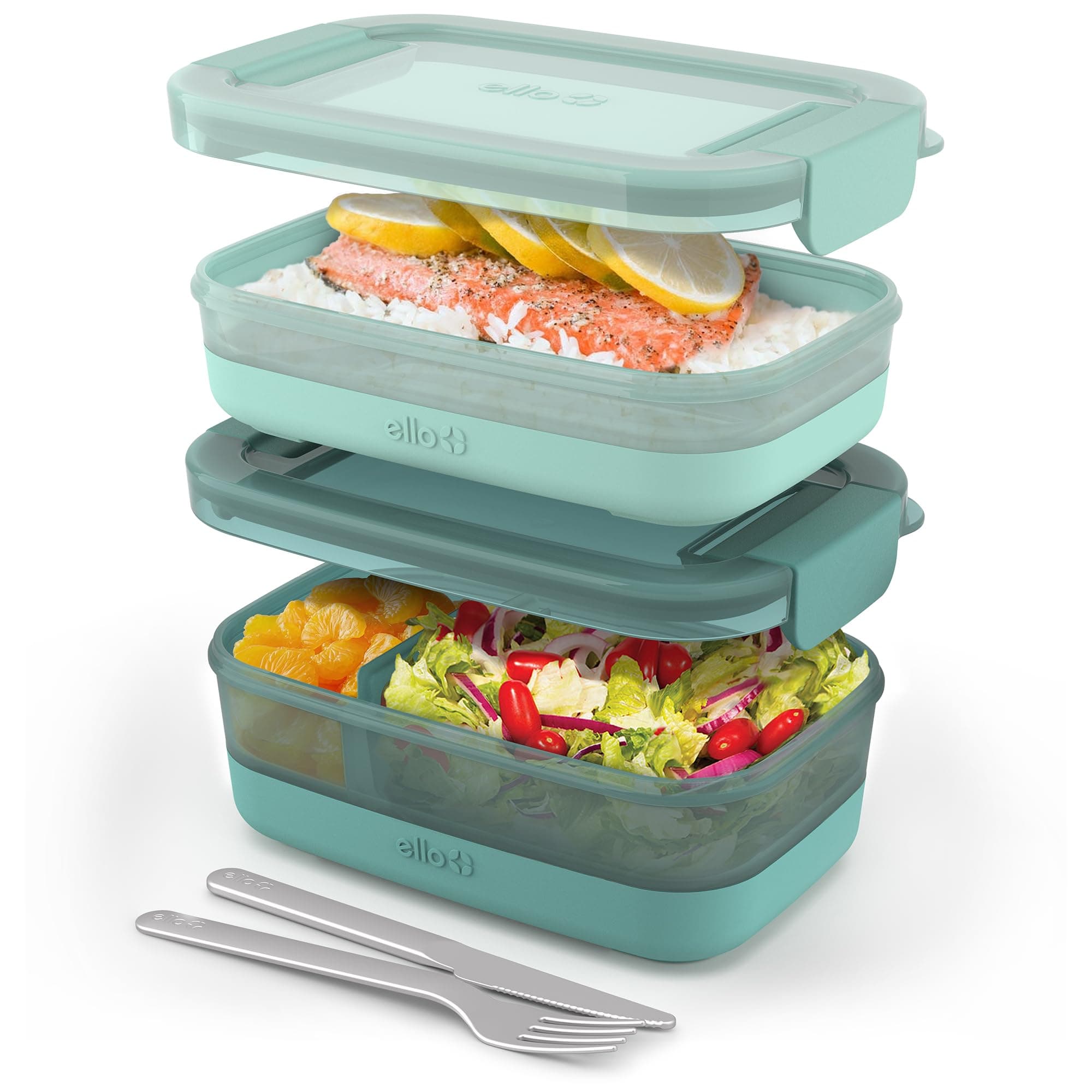 Ello 2-Pack Lunch Stack Plastic Food Storage Container with Airtight, Leak-Proof Locking Plastic Lids and Silicone Base, BPA-Free, Freezer, Microwave, and Dishwasher Safe, Mint Chip