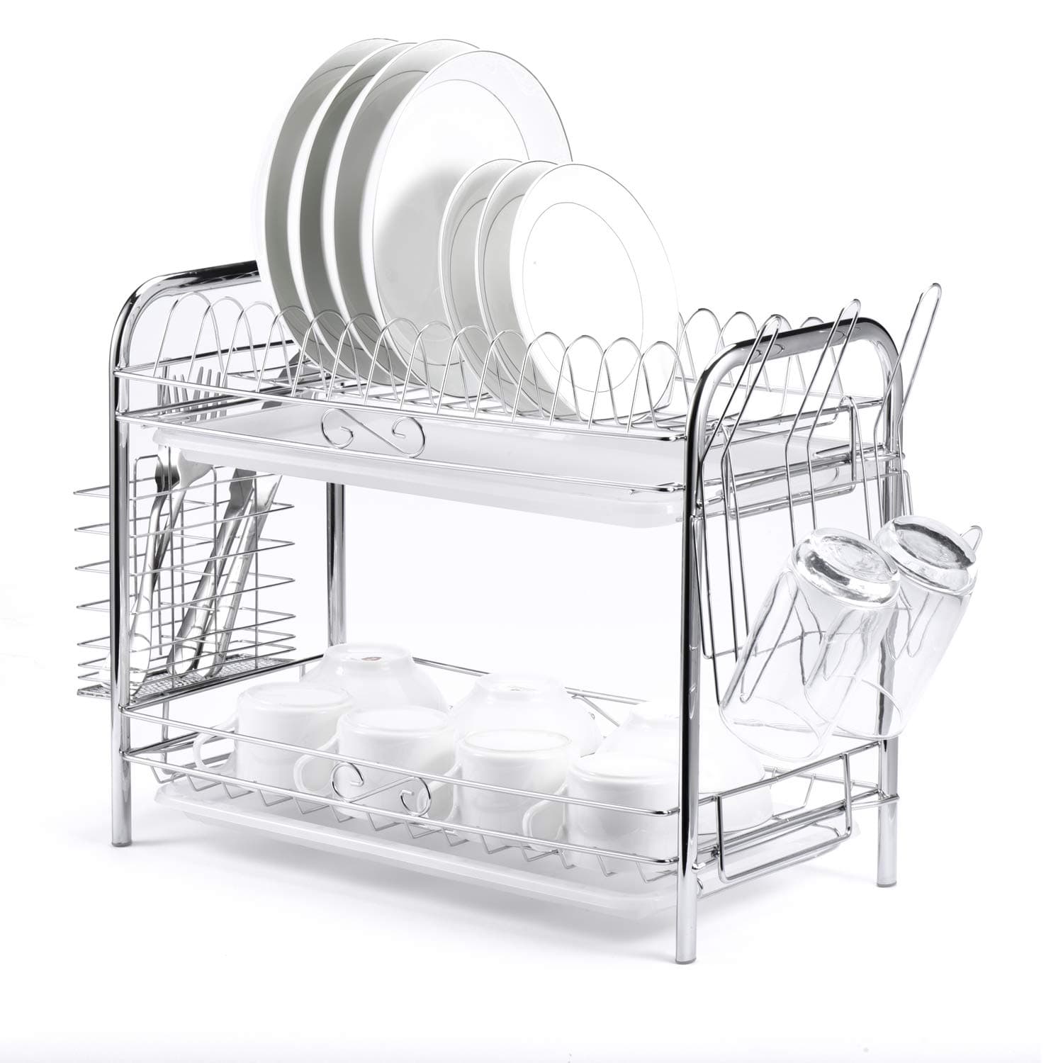 Glotoch 2 Tier Dish Drying Rack Kitchen Organizer, 2021 Upgraded Model with Chrome Rustproof Coating, Cup Holder and Utensil Holder and Dual Level Drip Trays Kitchen Storage 16.5 x 14 x 9 Inches