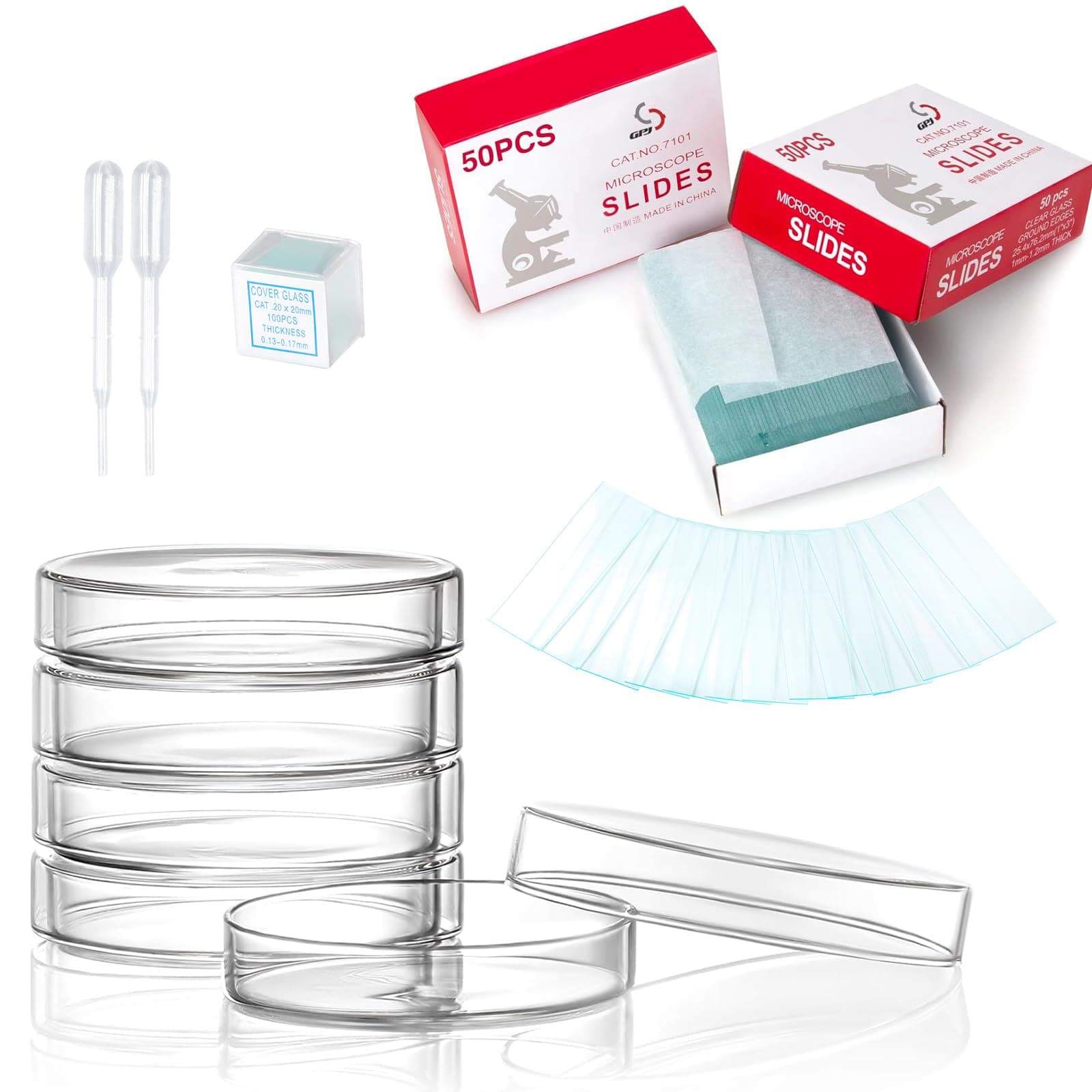 Sterile Plastic Petri Dishes Set, 50 Pcs Blank Microscope Slides, 100 Pcs 20x20mm Square Cover Glass, 5 Pcs 60mm Diax15mm Deep Lab Petri Plate Dish with Lid and 10 Test Pipette Droppers