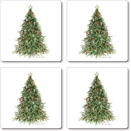 Cala HomeChristmas Tree Decorative Hardboard Cork Backed Coasters 4 Pack Layered Construction Heat Tolerant Easily Wipes Clean