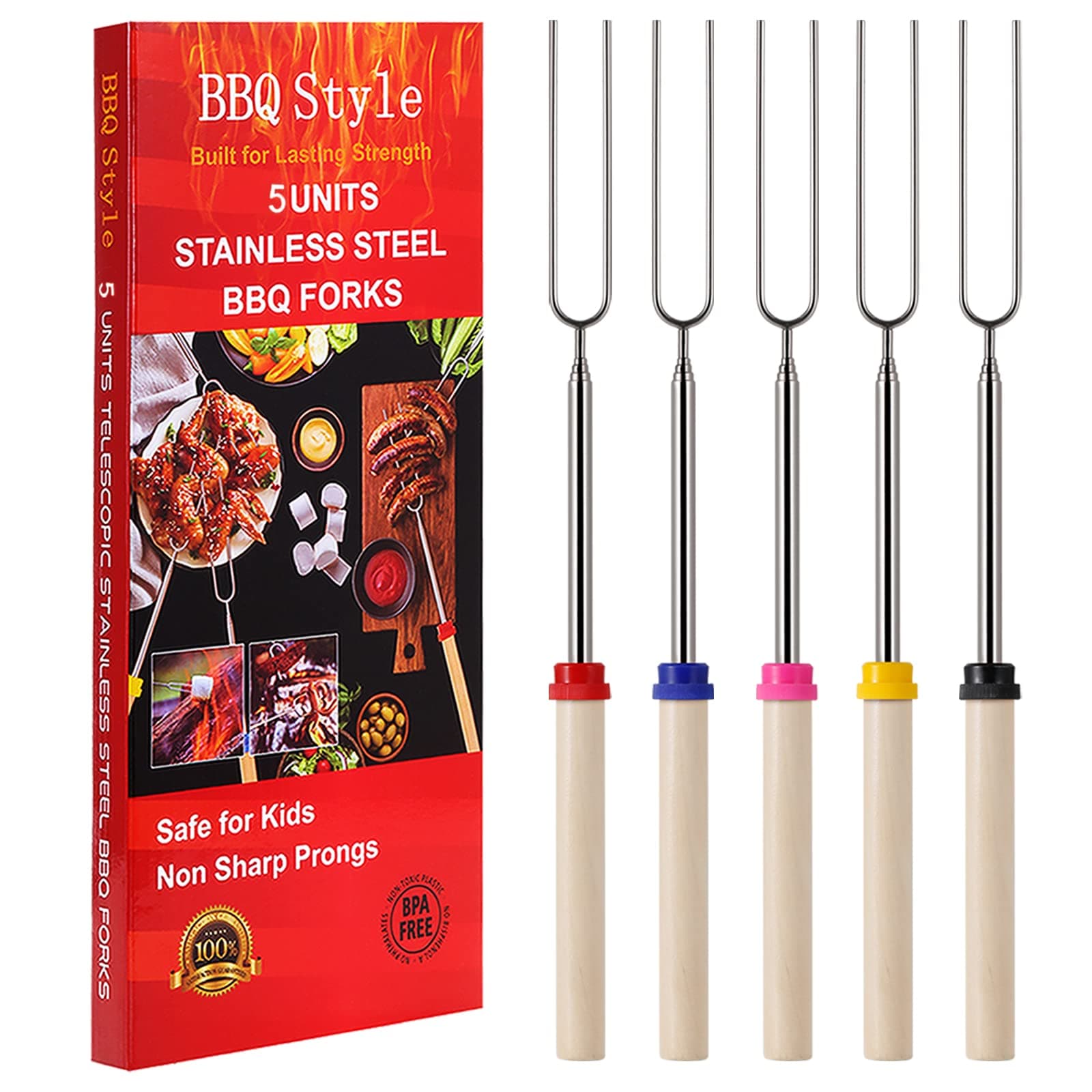 Marshmallow Roasting Sticks, Telescoping Smores Sticks for Open Fire Pit, 32 Inch Long Marshmallow Toasting Barbecue Forks S’mores Skewers for Campfire Camping Hotdog Hot Dog Bonfire Grill, 5 Pack