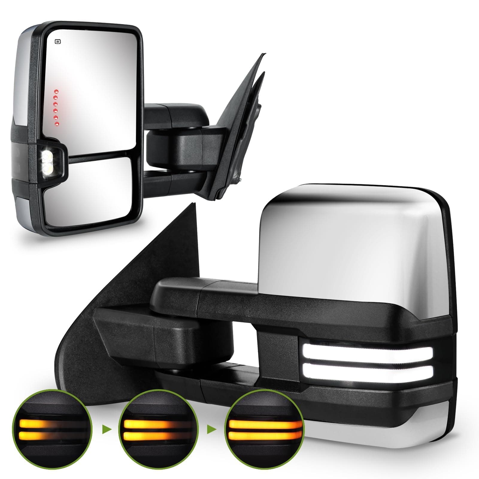 Towing Mirrors 2014-2018 Chevy Silverado/GMC Sierra, Switchback Dynamic Turn Signal Light, Heated (Chrome Silver)