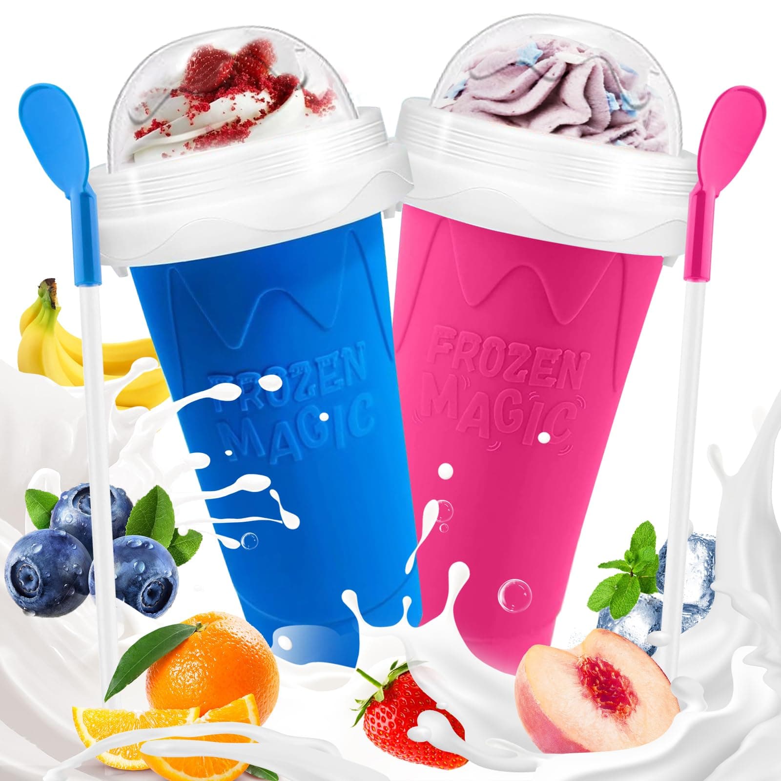 Slushie Cup, 2 Pack Slushy Maker Cup, Frozen Magic Squeeze Cups for Juice Milk Yogurt Ice Cream Make, DIY Cooling Cup with Lid & Straw Cool Stuff Things for Friends Family (Blue+Pink)