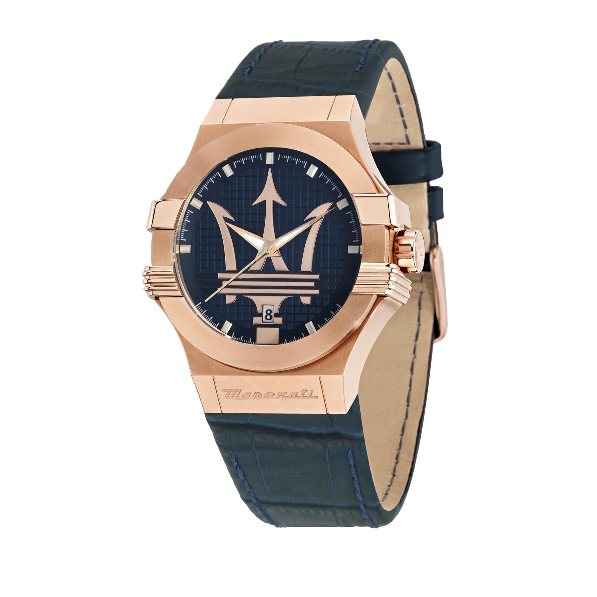 Maserati Men's Watch, Potenza Collection, Quartz Movement, Three Hands Version with Date, Stainless Steel, Rose Gold pvd and Leather Watch - R8851108027, Blue, Strap