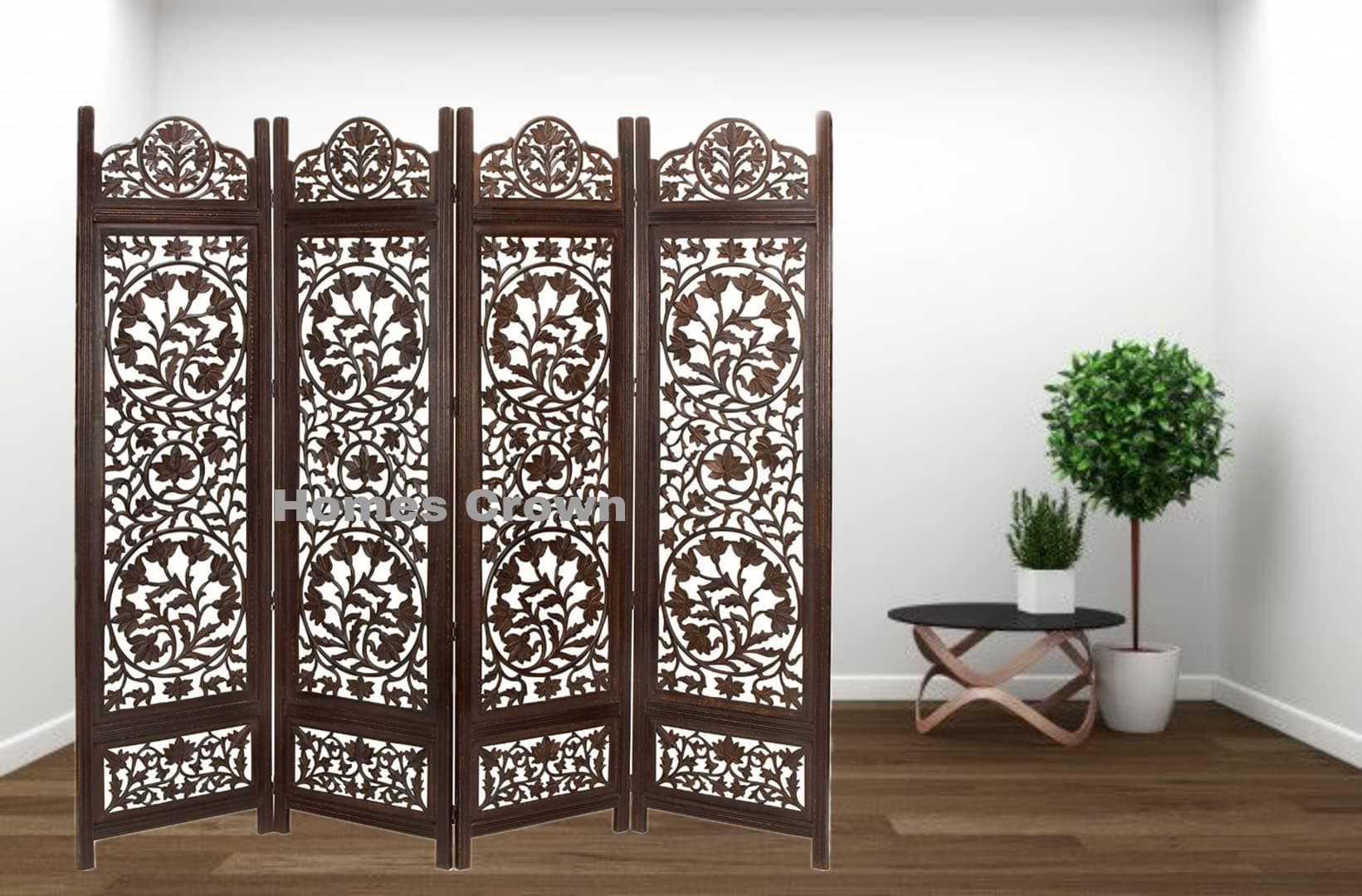 Homes Crown Wooden Screen 4 Panel Foldable Room Divider/Room Partition in Brown (Size of 80 X 72) for Living Room and Kitchen.
