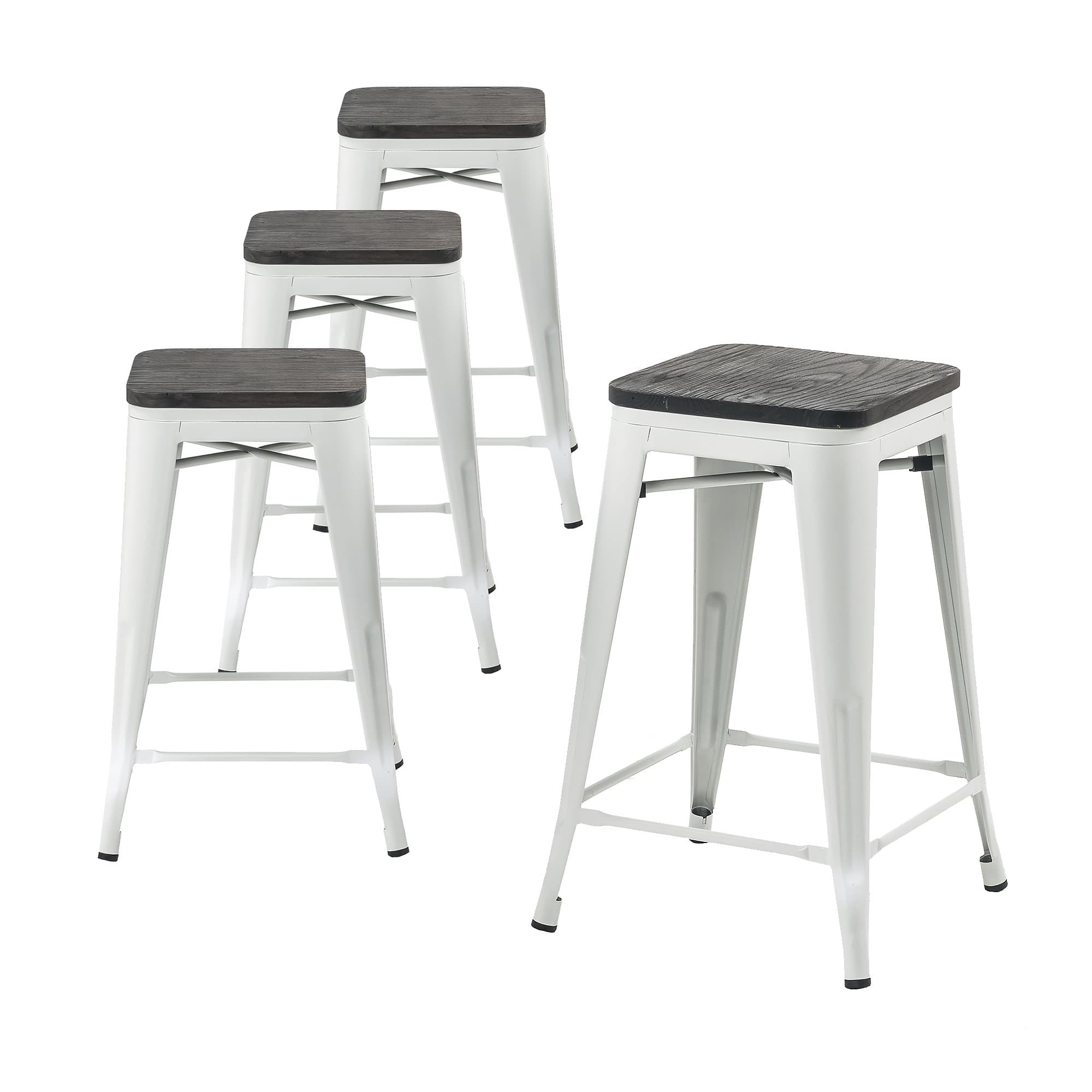 Buschman Metal Bar Stools 24" Counter Height, Indoor/Outdoor and Stackable, Set of 4 (Matte White with Wooden Seat)
