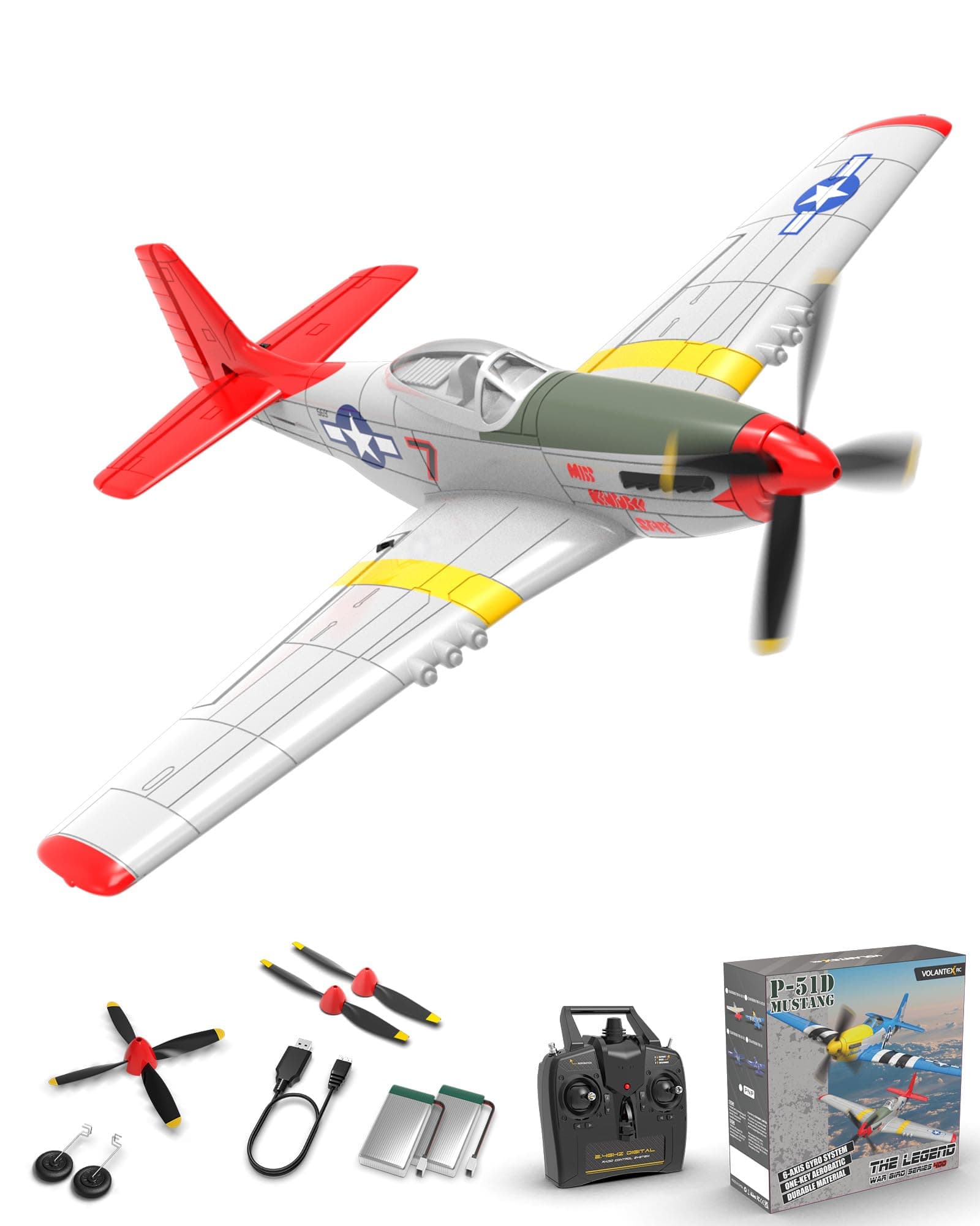 VOLANTEXRC RC Plane, 4 Channel Remote Control Airplane Fighter RTF with 6-Axis Gyro, 3 Modes & Aerobatics Easy to Fly, 2.4GHz Radio Controlled Aircraft for Beginners & Adults, P51D Mustang, Red