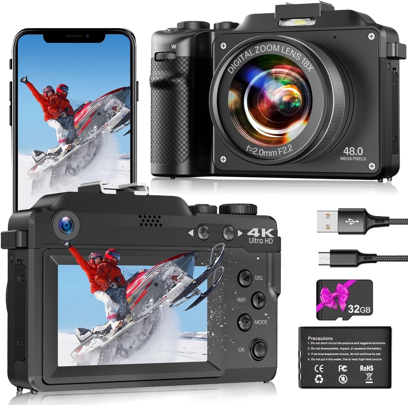 Digitai Camera 4K 48MP Compact Digital Camera for Photography Vlogging with 64GB SD Card,18X Digital Zoom,Dual-lens Selfie Function