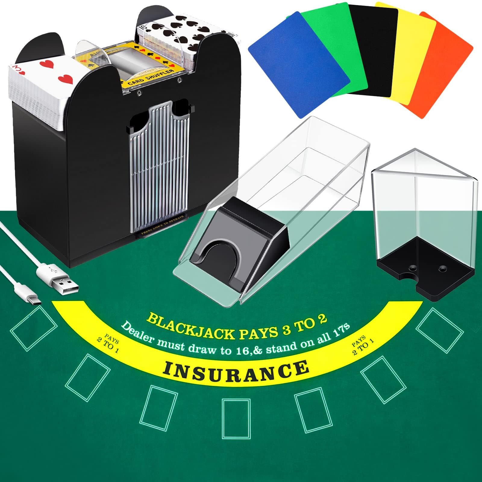 Aoriher Blackjack Game Combo Set, Include Blackjack Layout Felt,Shoe 6 Deck Automatic Card Shuffler Discard Holder Trays and 10 Cut Cards for Casino, Party Night