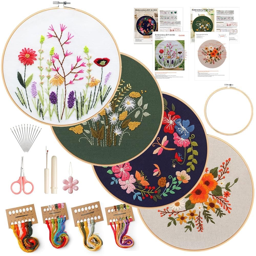 4 Pack Embroidery kit for Beginners Adults DIY Starter Kit, Cross Stitch Kits with Flower Stamped Patterns, Embroidery Hoop, Tools,Colorful Threads,Step by Step Instructions,Hand Craft Lover Gift