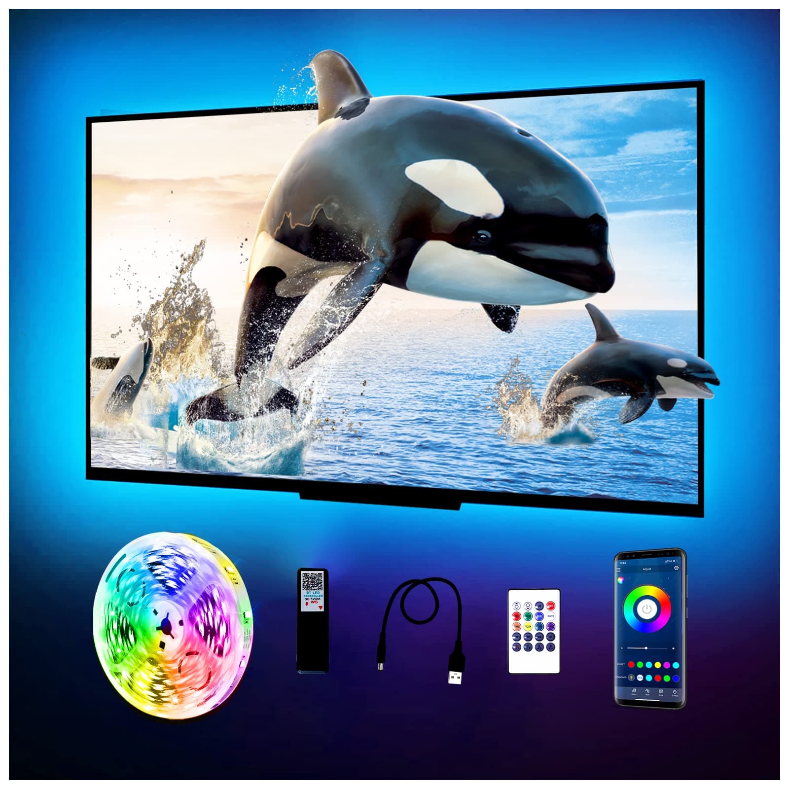 phopollo LED Lights for TV, 12.5Ft TV LED Backlight, LED Strip Lights for TV 55-65 inch, Bluetooth Color Changing LED TV Lights, App Control, USB Powered