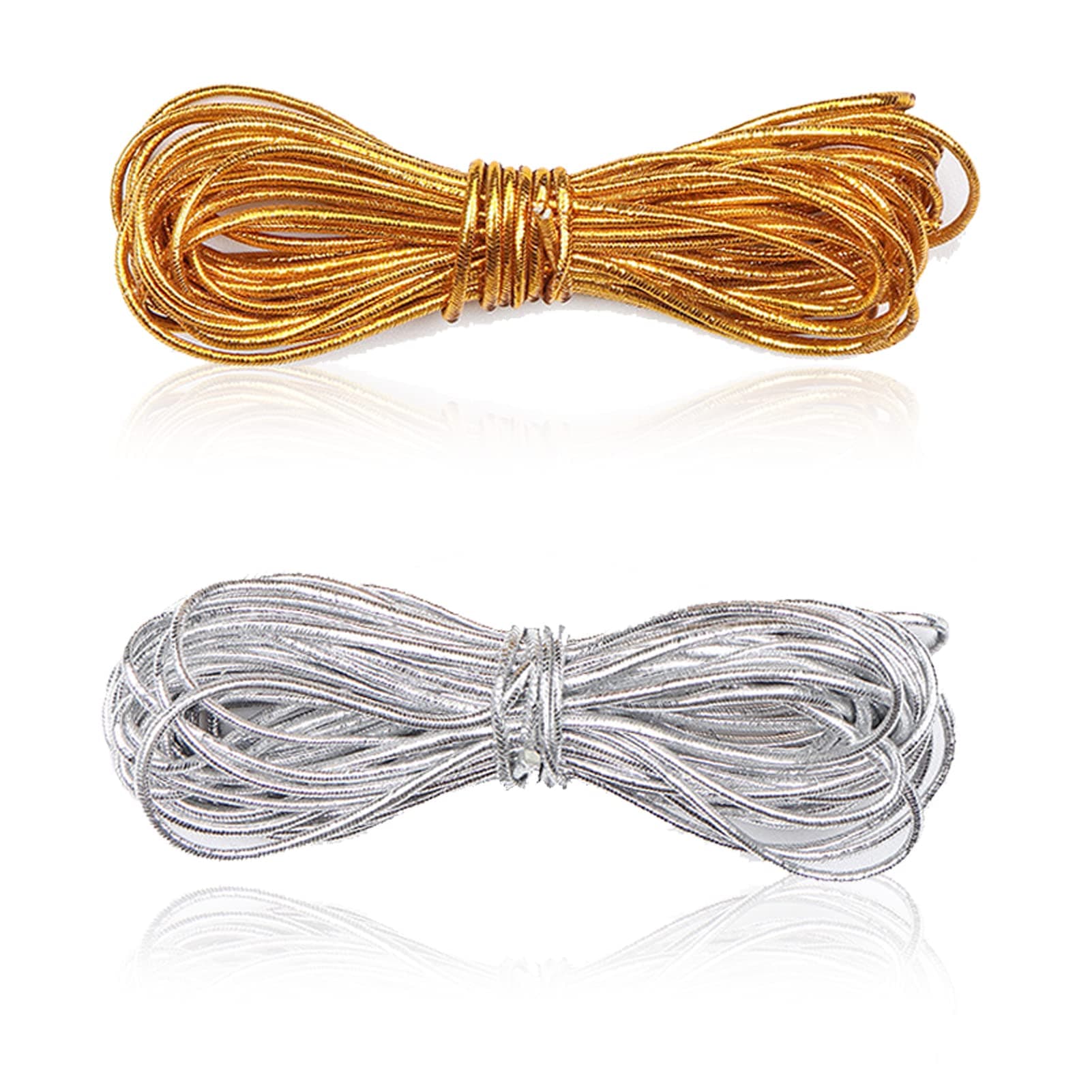 2 Rolls 5m Metallic Elastic Cords Hair Strings for Braids, Gold & Sliver Adjustable Tinsel Stretch Ribbon Dreadlock Braiding Rope, Shining Twist Decorating Thread for wide hair bubble braids