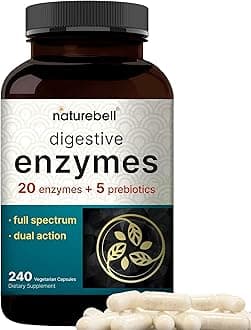 NatureBellDigestive Enzymes with Prebiotics | 240 Veggie Capsules - 20 Enzyme & 5 Prebiotic Pancreatic Enzyme Complex – Bloating Relief for Women & Men, Non-GMO, Vegan Friendly