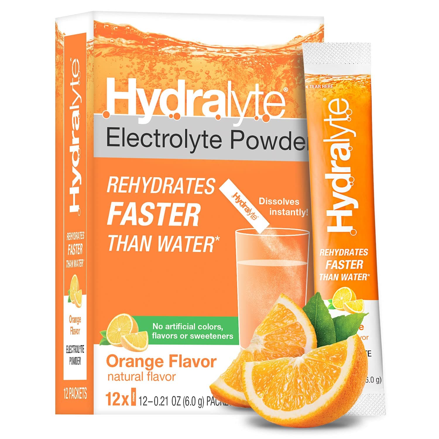 Hydralyte All-Natural Electrolyte Oral Hydration Instant Dissolve ORS Drink Mix, Orange, 0.21 Ounce Sticks, 12 Count Pouch