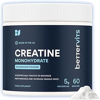 Bettervits Creatine Monohydrate Powder | Ideal for Muscle Growth & Recovery - Unflavoured Creatine 5g | 100% Pure Micronised Creatine Powder | Supports Strength Performance | 60 Servings