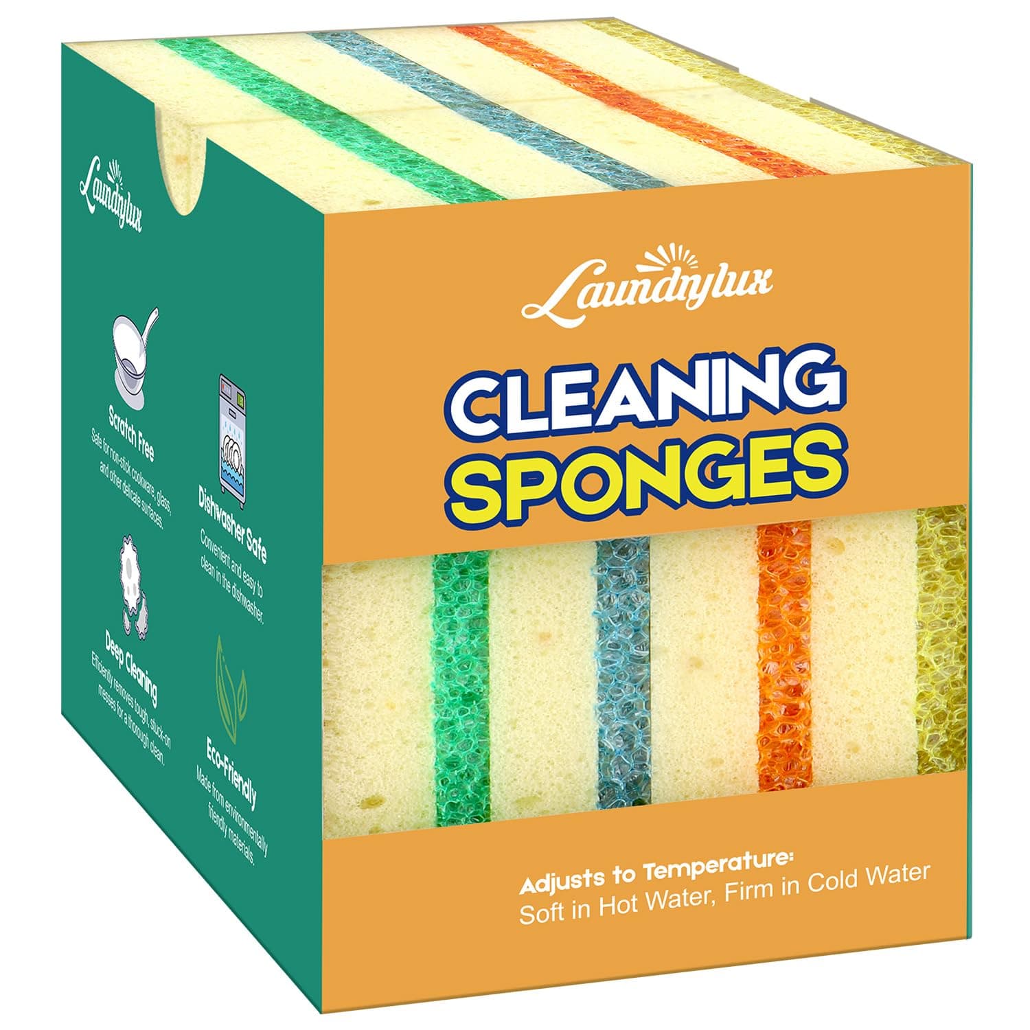 LAUNDRYLUX Scrub Sponge, 8 Pack Dual-Sided Temperature-Responsive Sponge and Scrubber - Scratch-Free - Multipurpose Dish Sponges for Kitchens, Bathrooms, and Outdoor Use