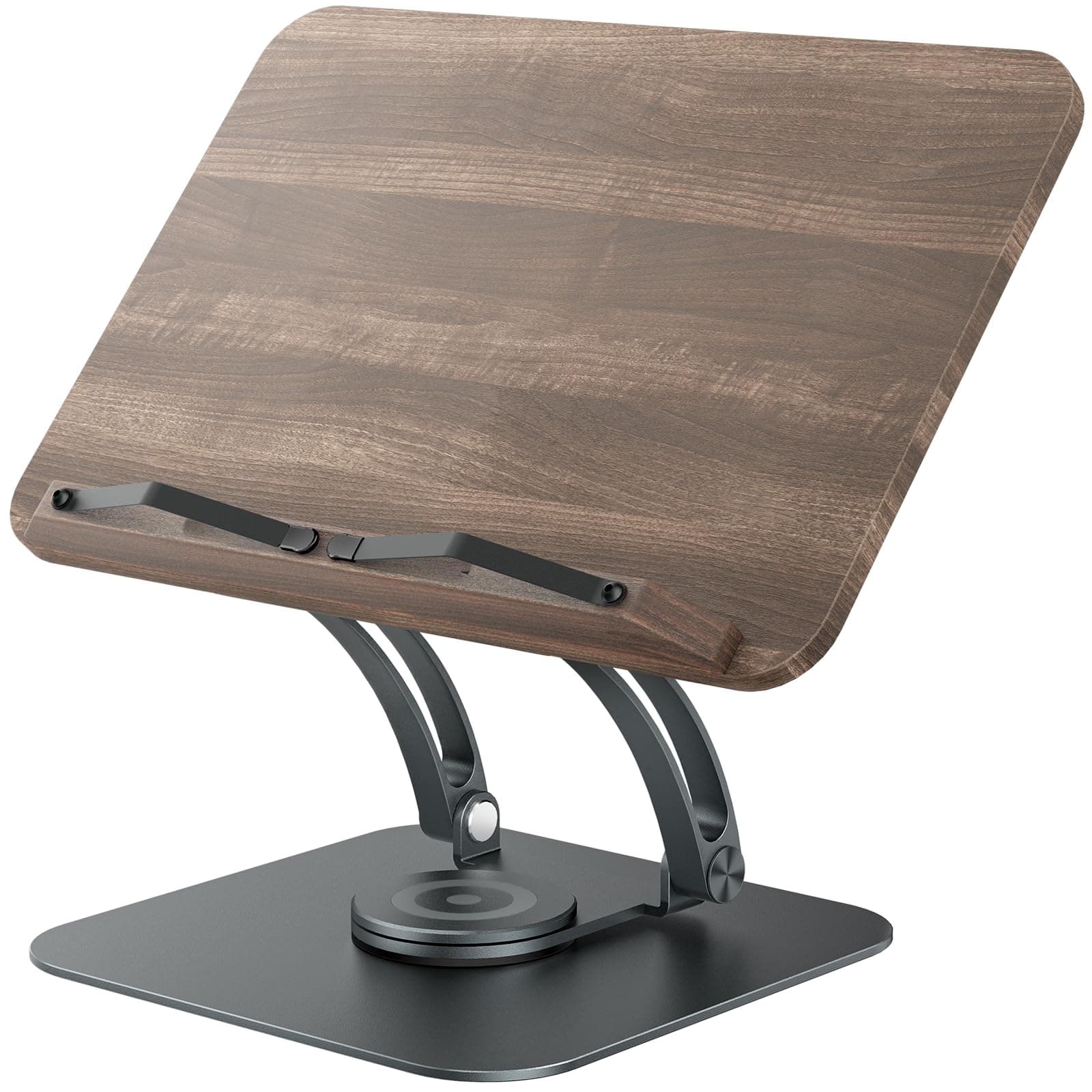 Tounee Gray Modern Foldable Book Stand for Reading, Adjustable 360° Swivel Base with Elastic Page Clips