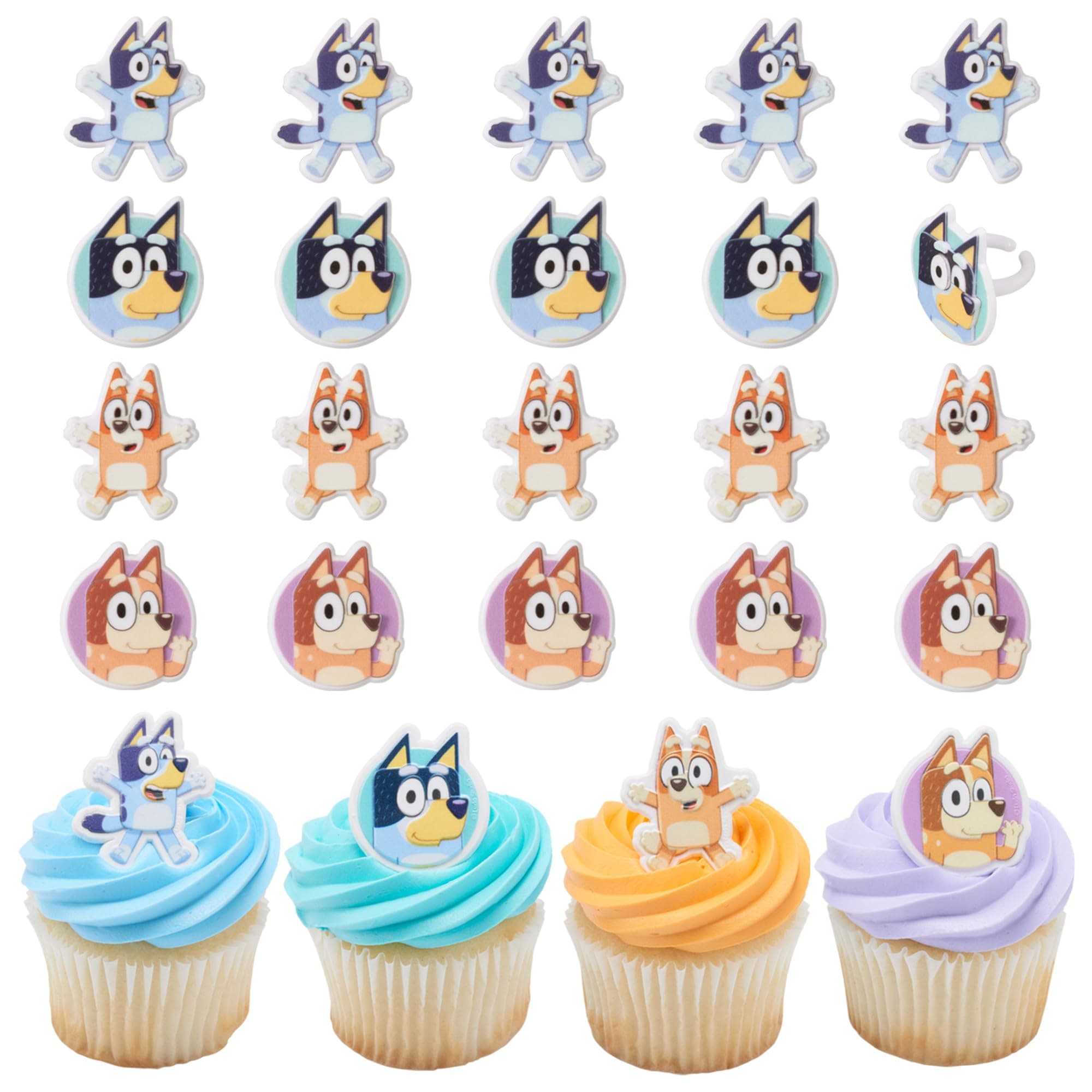 DecoPac Bluey So Much Fun Rings, 24 Cupcake Decorations Featuring Bluey, Bingo, Bandit, and Chilli, 3D Food Safe Cake Toppers – 24 Pack