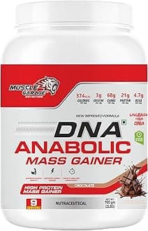 Muscle Garage DNA Anabolic Mass Gainer | New Improved Formula with 374 Calories, Protein, Carbs, BCAAs & Creatine |High Protein Weight Gainer for Muscle Size & Strength | Chocolate Flavor| 900 gms