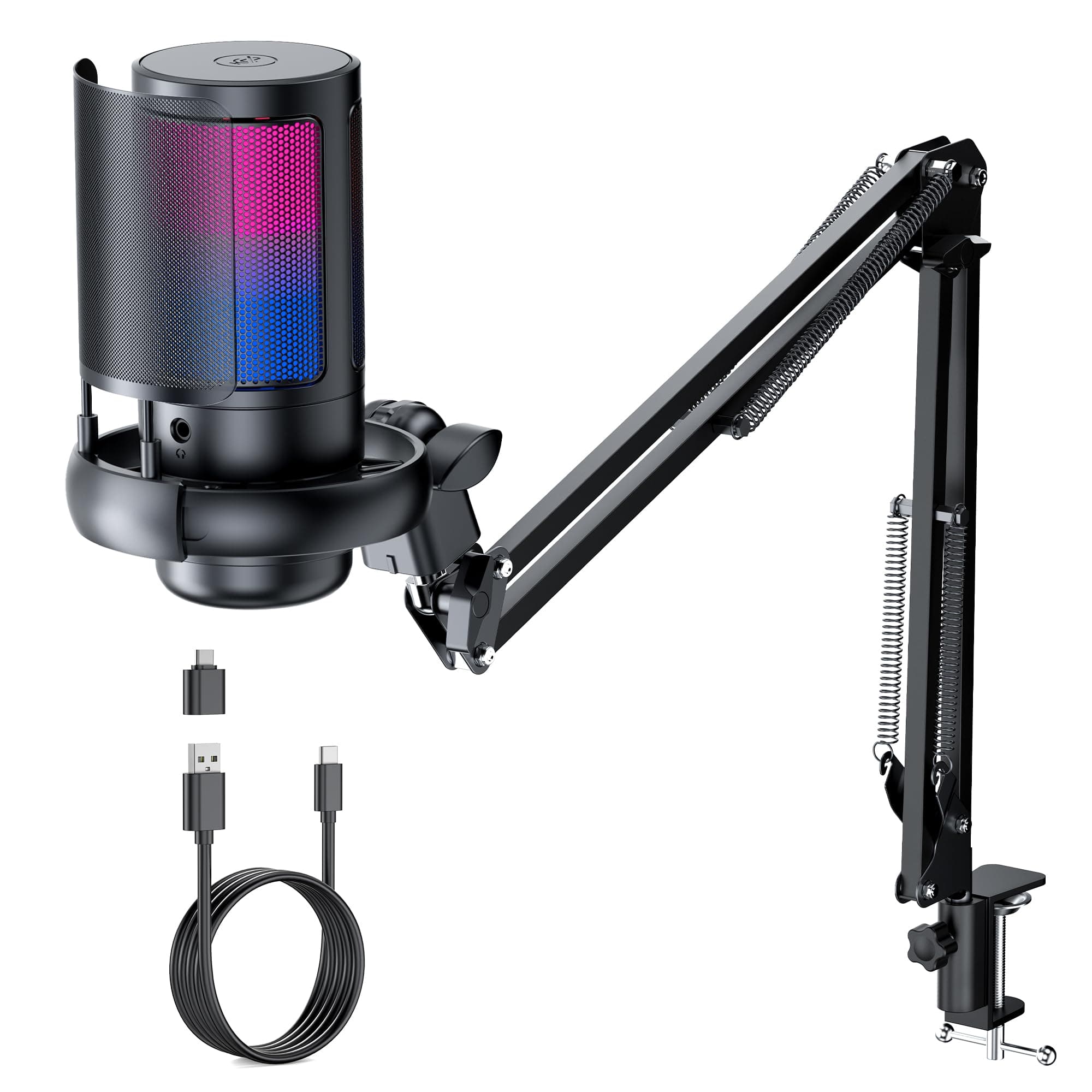 RGB Gaming Microphone with Boom Arm: USB Mic for PC - Streaming & Podcast Microphone Accessory - Suitable for YouTube & TikTok