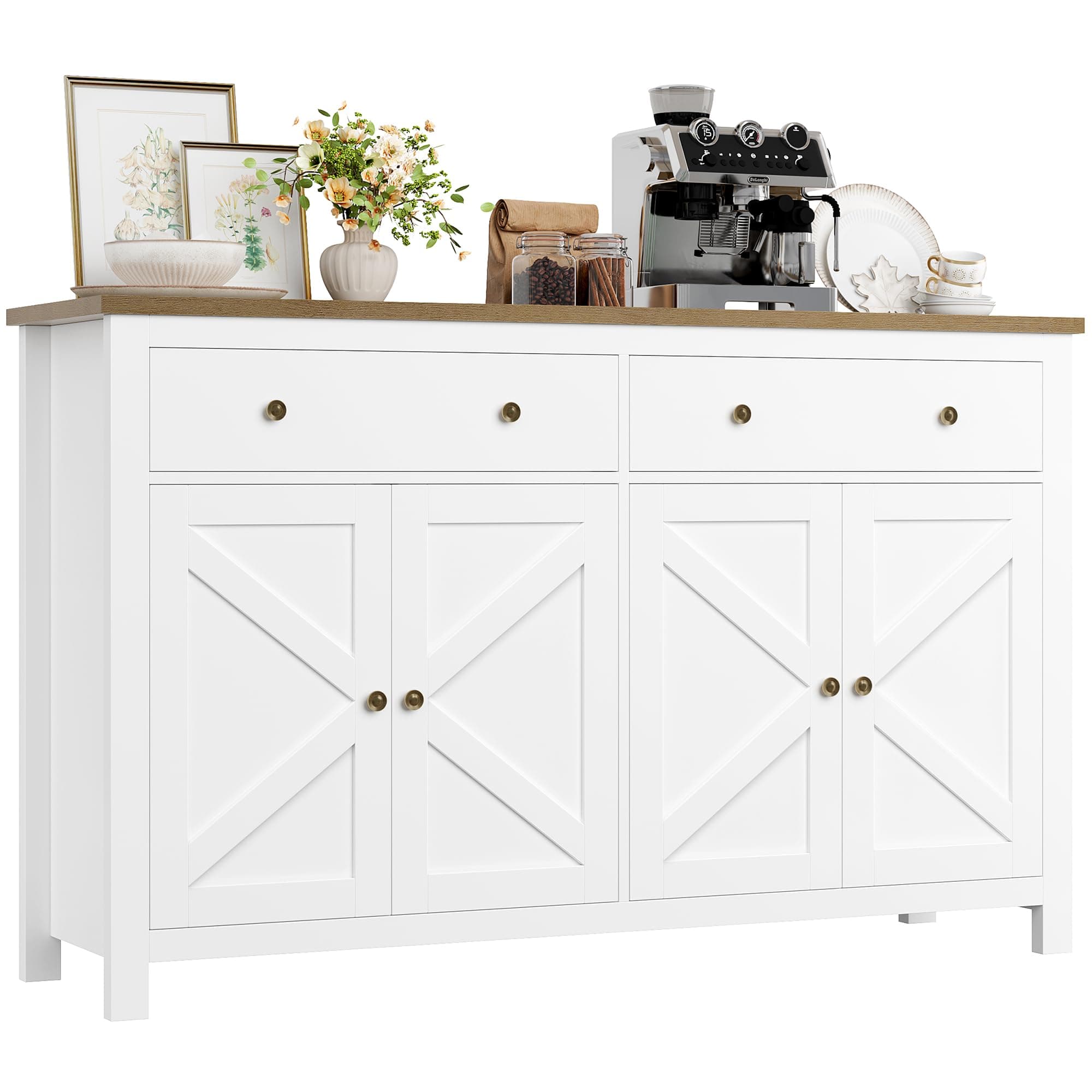 Sideboard 140cm Large Kitchen Sideboard Storage Cabinet White Kitchen Cabinet Cupboard with 2 Drawers 4 Doors Adjustable Shelves for Living Room Dining Room 140x40x89cm