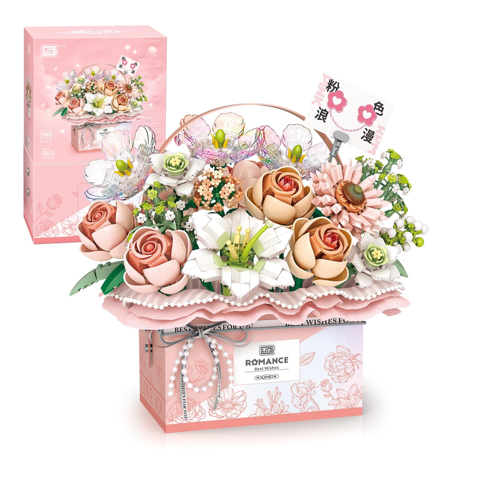 Flower Bouquet Building Blocks Model Set,Simulation Artificial Rose Handheld Gift Box,Bonsai Plant Building Bricks Toys,Home Decor (Fantasy Pink)